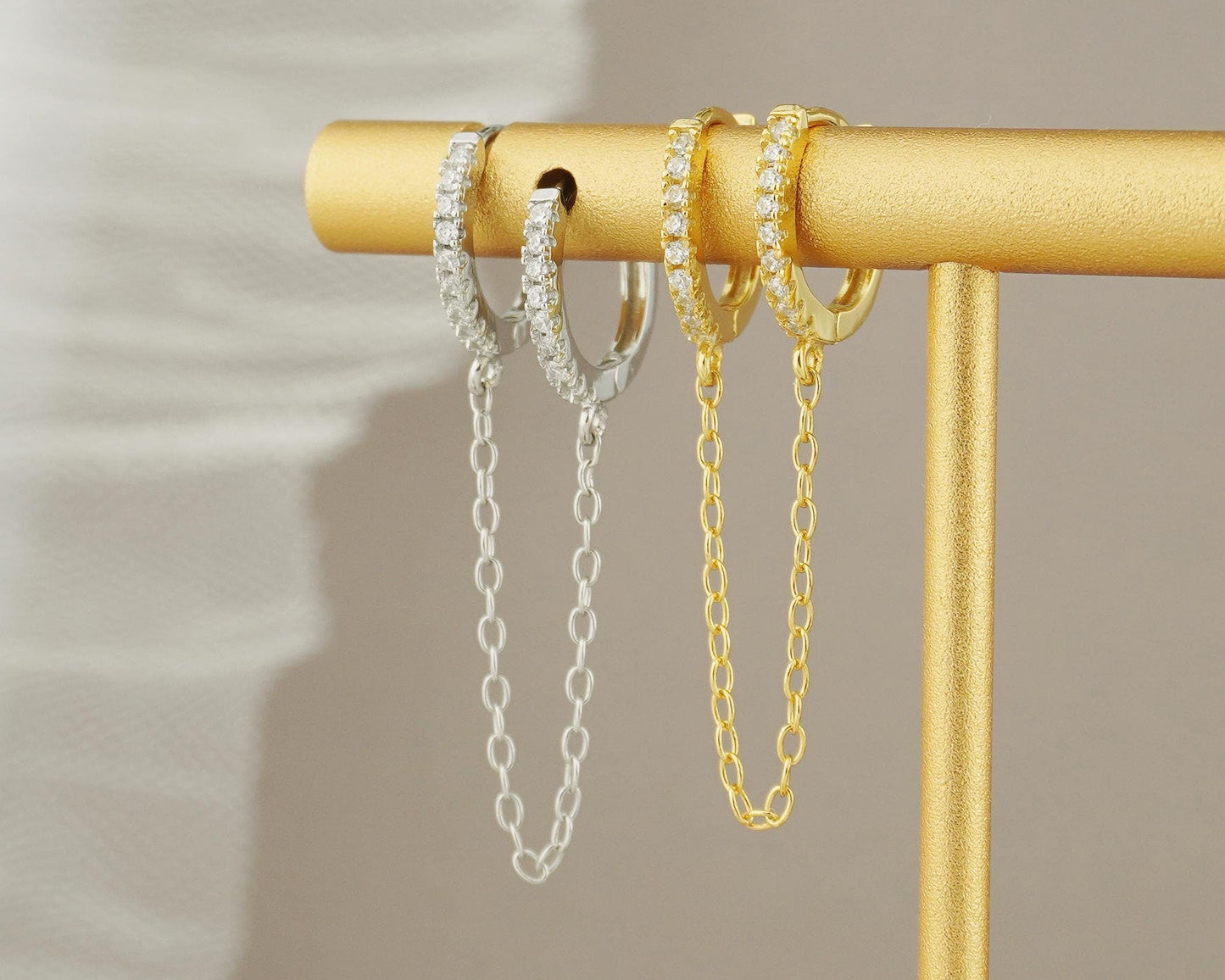 1 pc of Duo Hoop Earring with Dangly Link Chain in Sterling Silver or 18ct Gold Plated, Dainty CZ Crystal Paved Jewelry