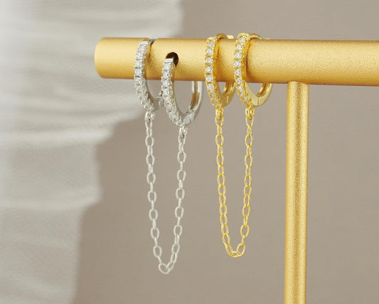 1 pc of Duo Hoop Earring with Dangly Link Chain in Sterling Silver or 18ct Gold Plated, Dainty CZ Crystal Paved Jewelry