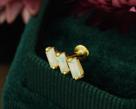 1 pc of Fire Opal Triple Baguette Flat Back Stud Earring in Gold Plated over Sterling Silver
