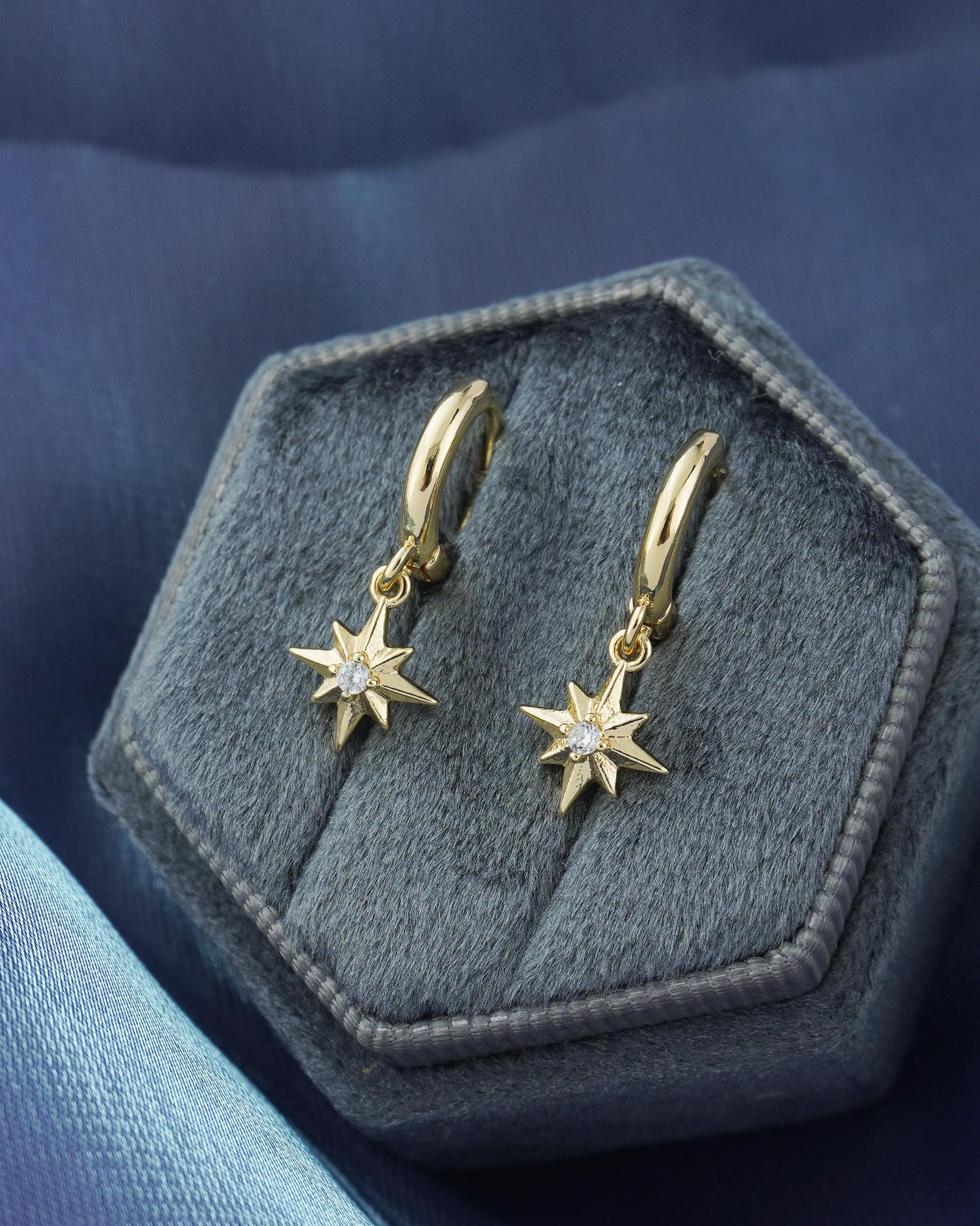 Pair of Starburst Huggie Hoop Earrings in Gold Plated Brass, Sunburst Charm with Sparkly CZ