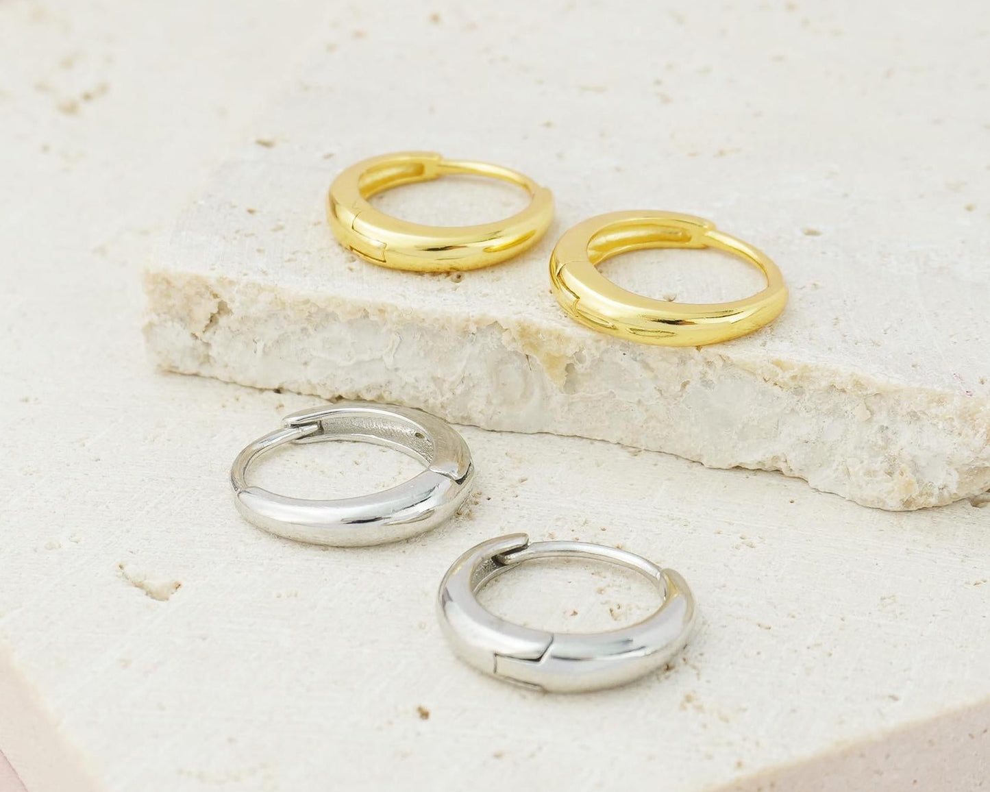 Pair of Skinny Round Edged Huggie Hoop Earrings in Sterling Silver or 18ct Gold Plated