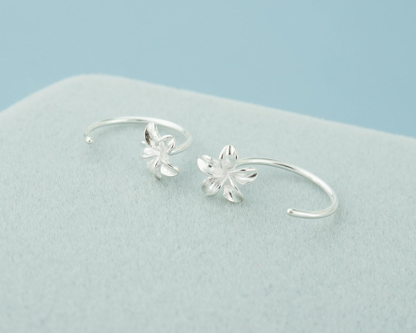 Pair of Plumeria Flower Open Hoop Threader Earrings in Sterling Silver