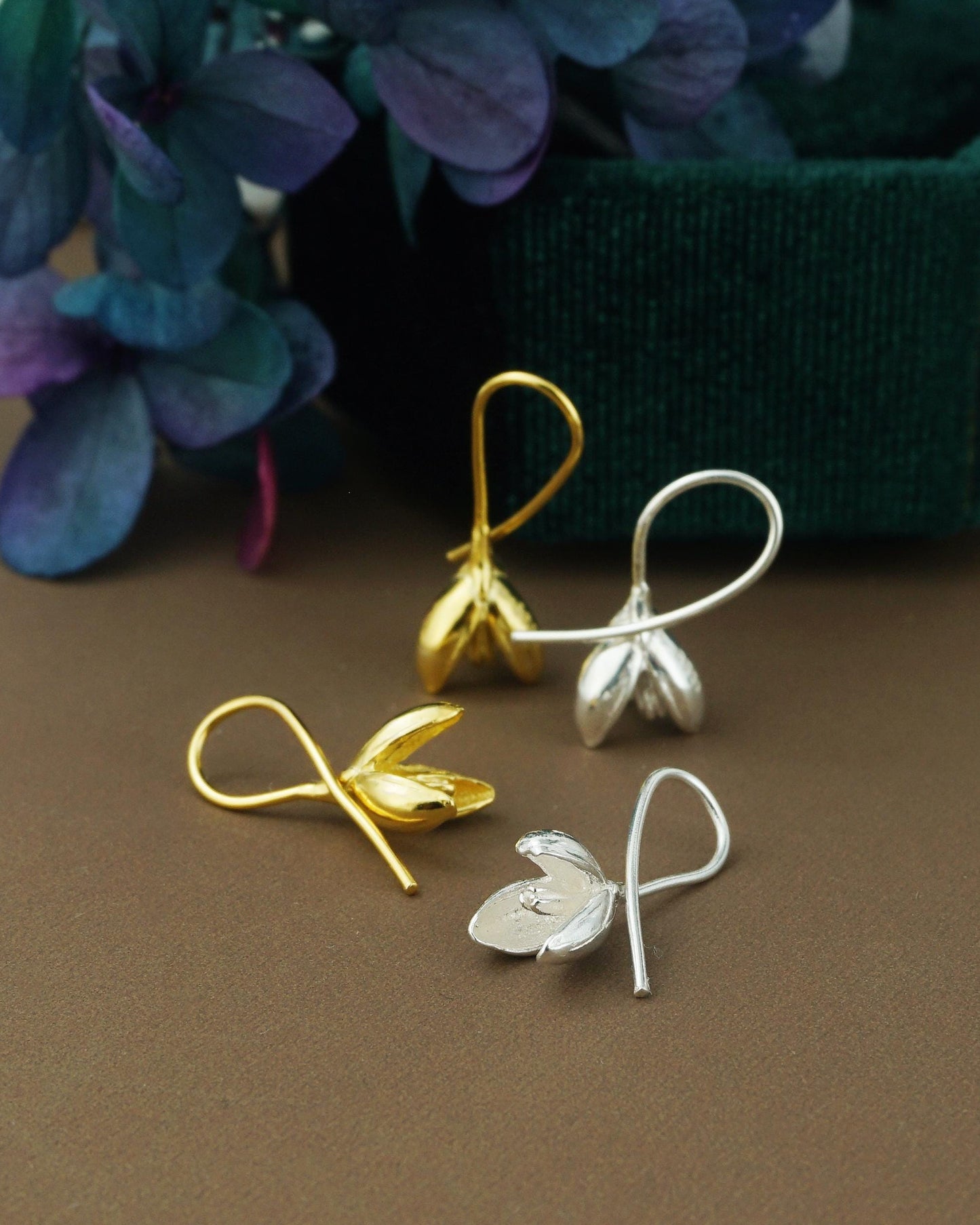 Pair of Snowdrop Flower Hook Earrings in Sterling Silver or Plated Gold