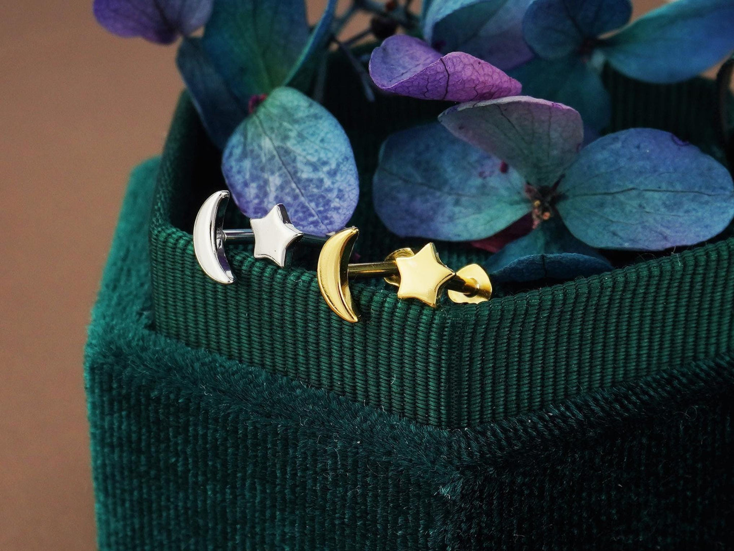 Pair of Sterling Silver Tiny Crescent Moon & Star Stud Earrings in Silver or Plated Gold