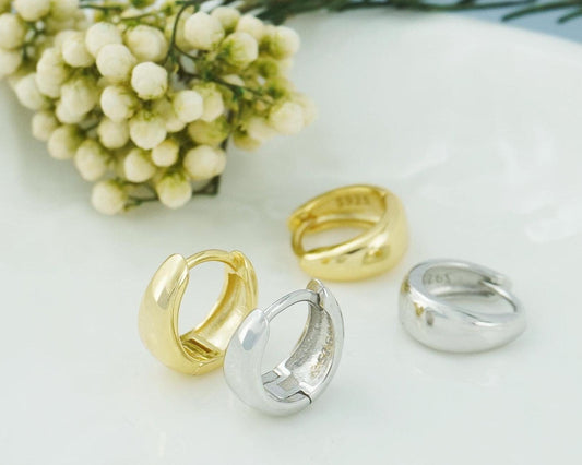 Pair of Chunky Huggie Hoop Earrings, 4 Loop Sizes in Sterling Silver or Plated Gold, Chubby Circle Ear Stacking Jewelry, 7/8/9/10mm