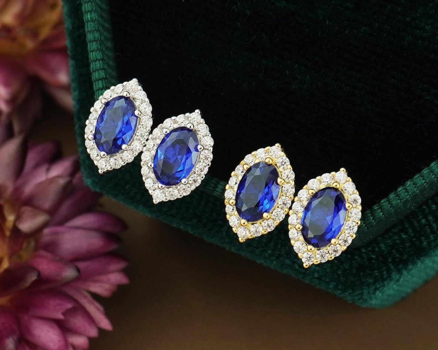 Pair of Marquise-shaped Stud Earrings Featuring a Central Blue Gemstone Surrounded by a Halo of CZ Accents, 14ct Gold Plated/Sterling Silver
