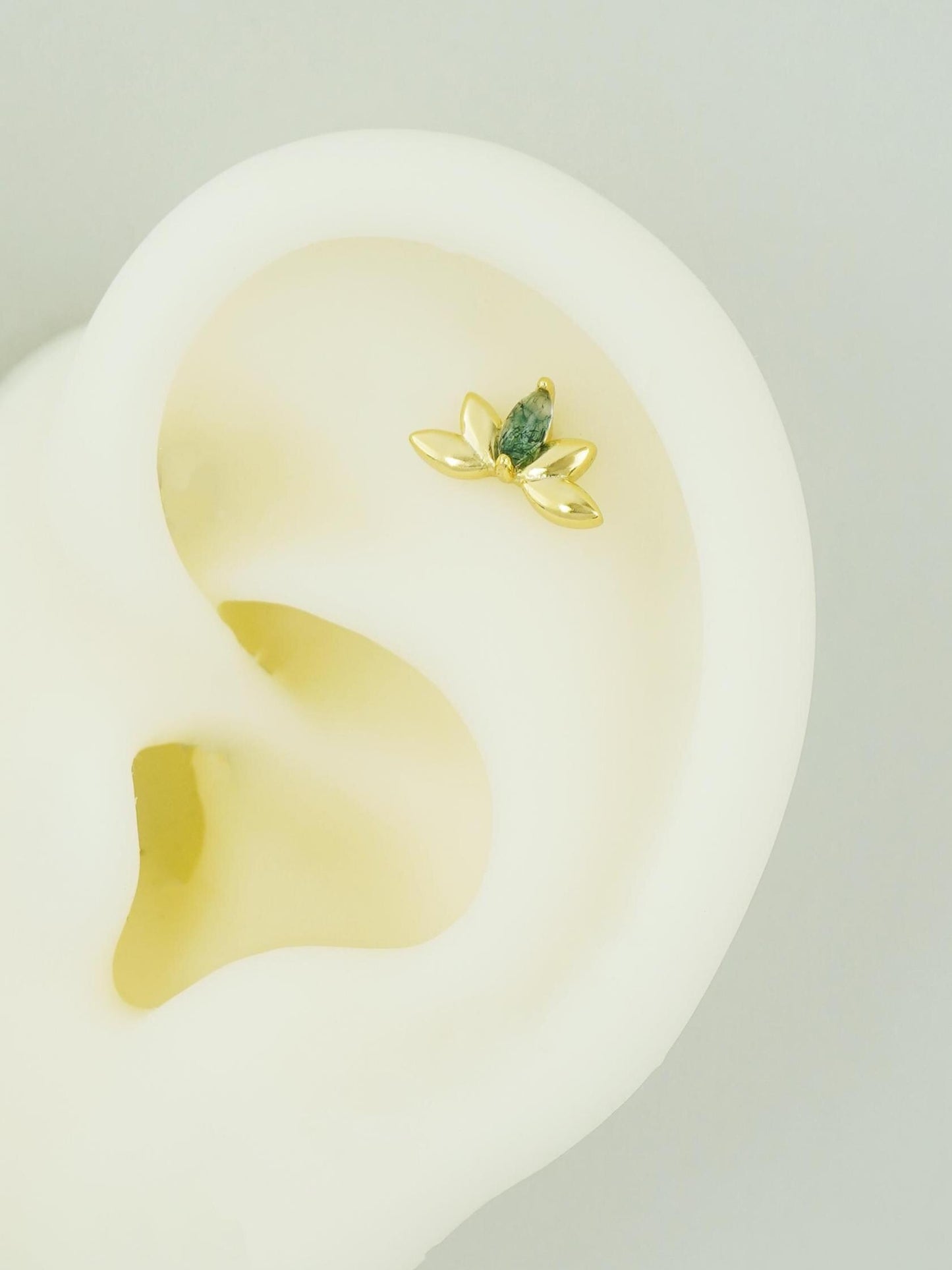 1 pc of Natural Green Moss Agate Marquise Crown Flat Back Stud Earring, Gold Plated over Sterling Silver