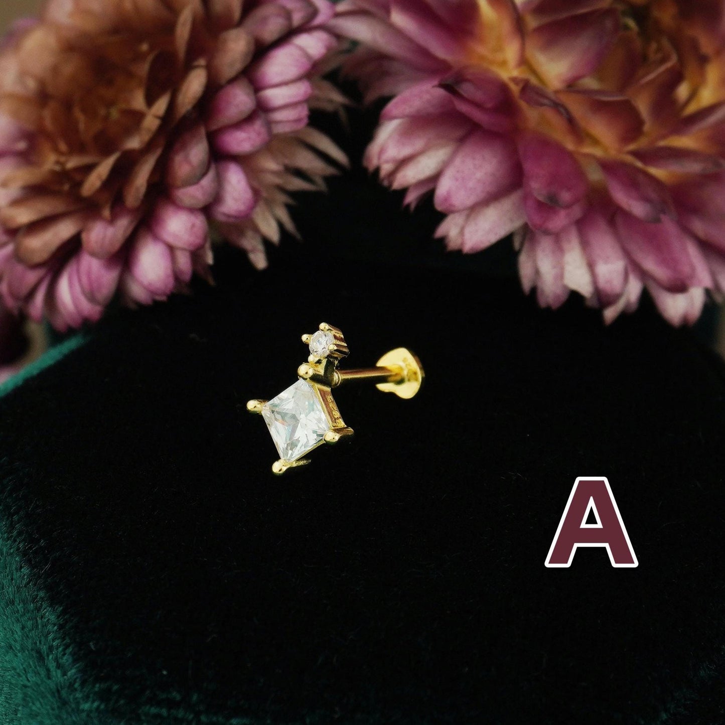 1 pc of CZ Stud Earring in 18k Gold Plated over Sterling Silver, Mini Trio Star/ Princess Cut/ Pear Cut Tragus Cartilage Labret