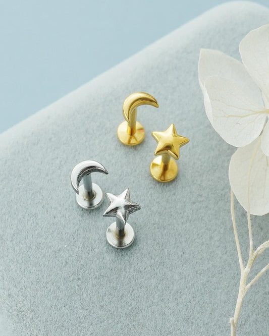 Pair of Mismatched Stainless Steel Star & Crescent Moon Stud Earrings in Steel or Golden, Flat Screw Back, 16G 6mm or 8mm post