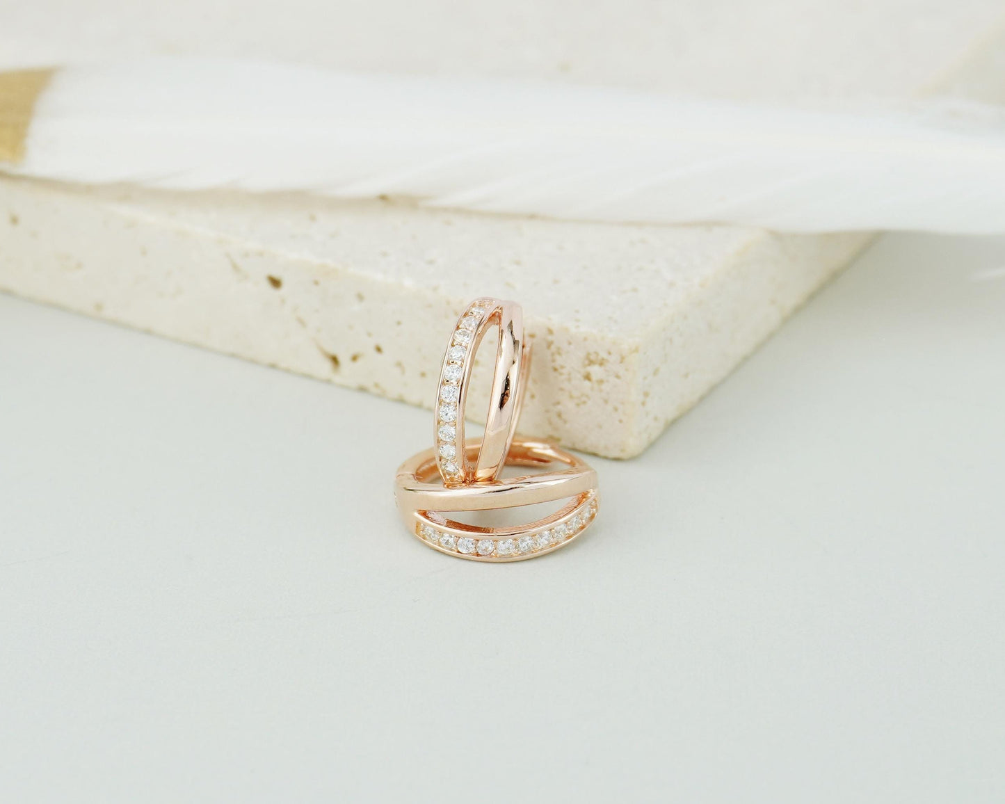 Pair of Sterling Silver Duo Asymmetric Ring Huggie Hoop Earrings in Rhodium, Gold or Rose Gold Plated