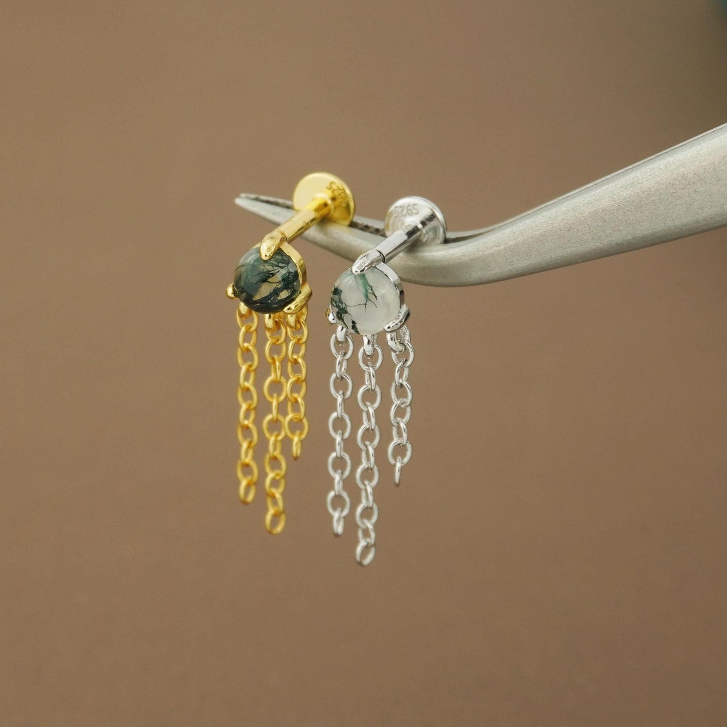 1 pc of Natural Moss Agate Cabochon with Dangly Chains, Flat Back Stud Earring in Sterling Silver /Plated Gold