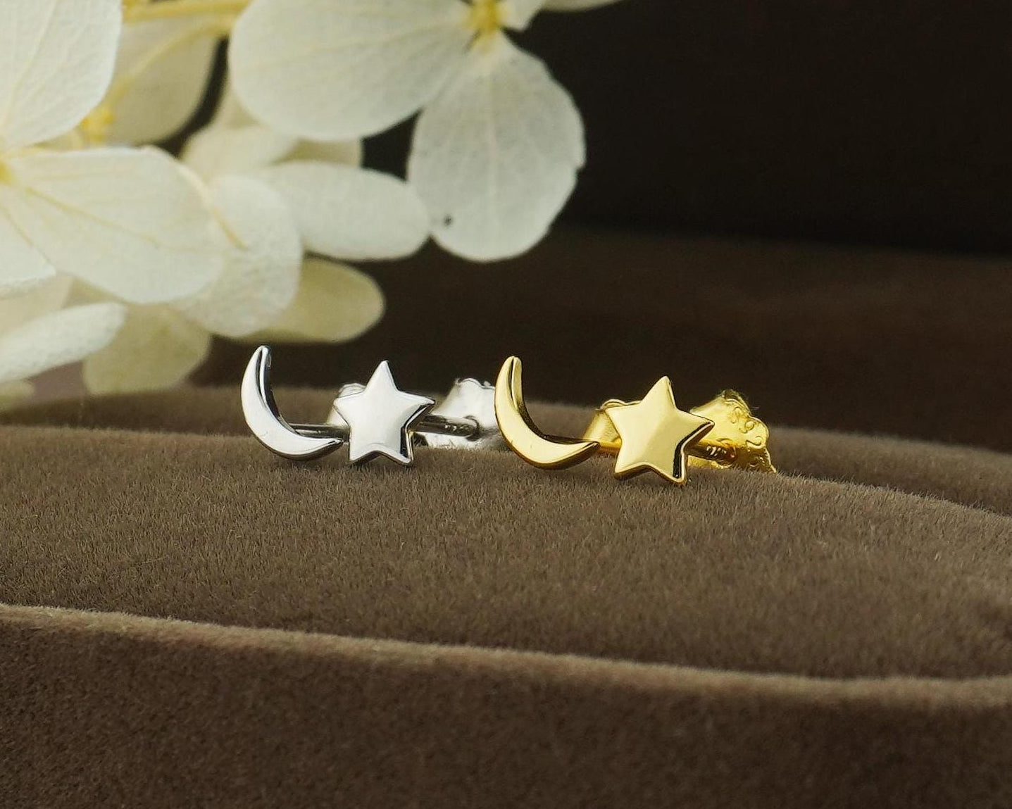 Pair of Sterling Silver Tiny Crescent Moon & Star Stud Earrings in Rhodium or 18ct Gold Plated, Mismatched Asymmetric Design