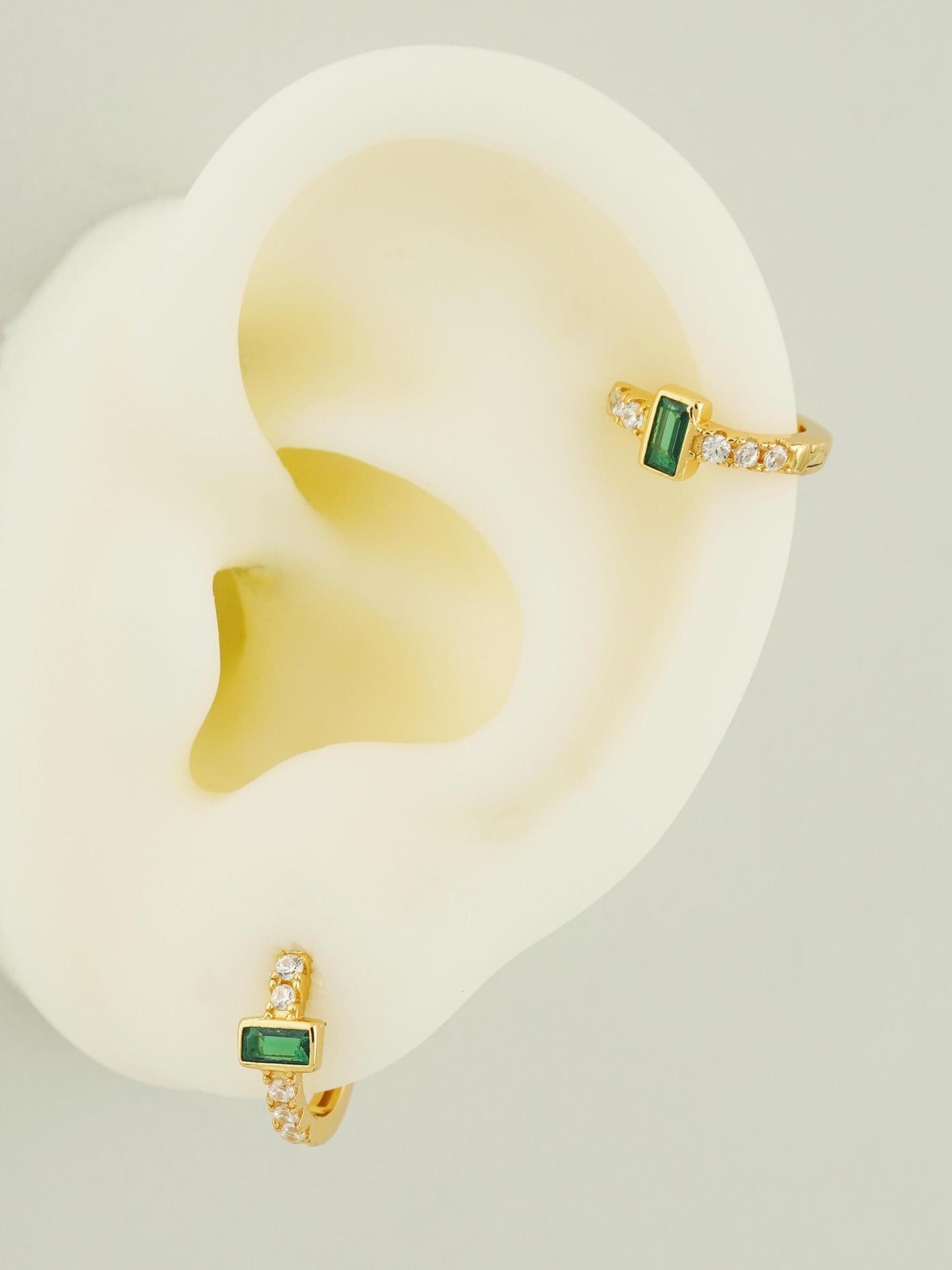 Pair of Emerald Green Baguette CZ Huggie Hoop Earrings in Sterling Silver or Plated Gold, Rectangular Crystal Gem Paved Loop Earlobe Jewelry