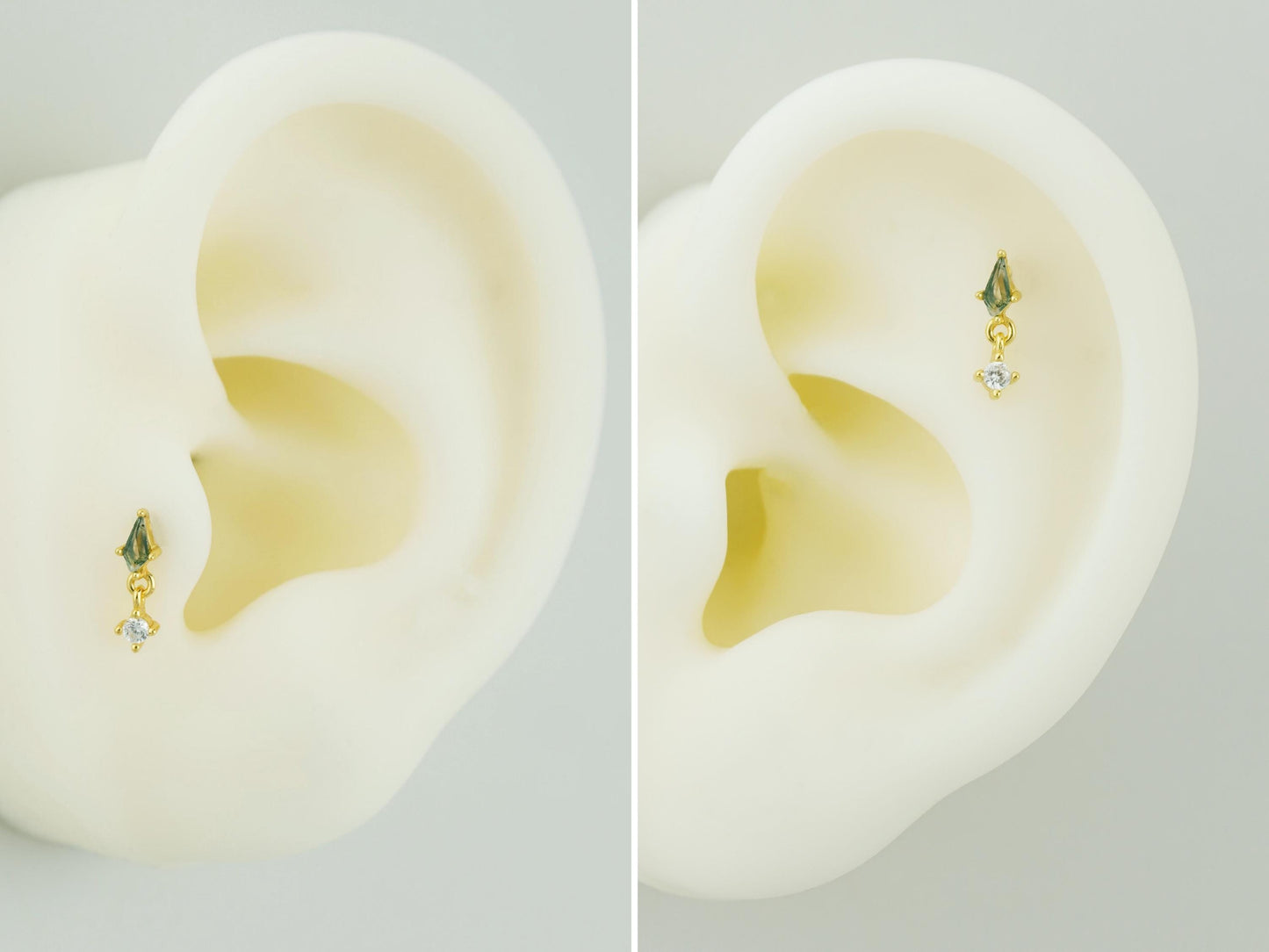 1 pc of VERY TINY Natural Green Moss Agate Kite Shape with Dangly CZ Stud Earring in Sterling Silver / Plated Gold