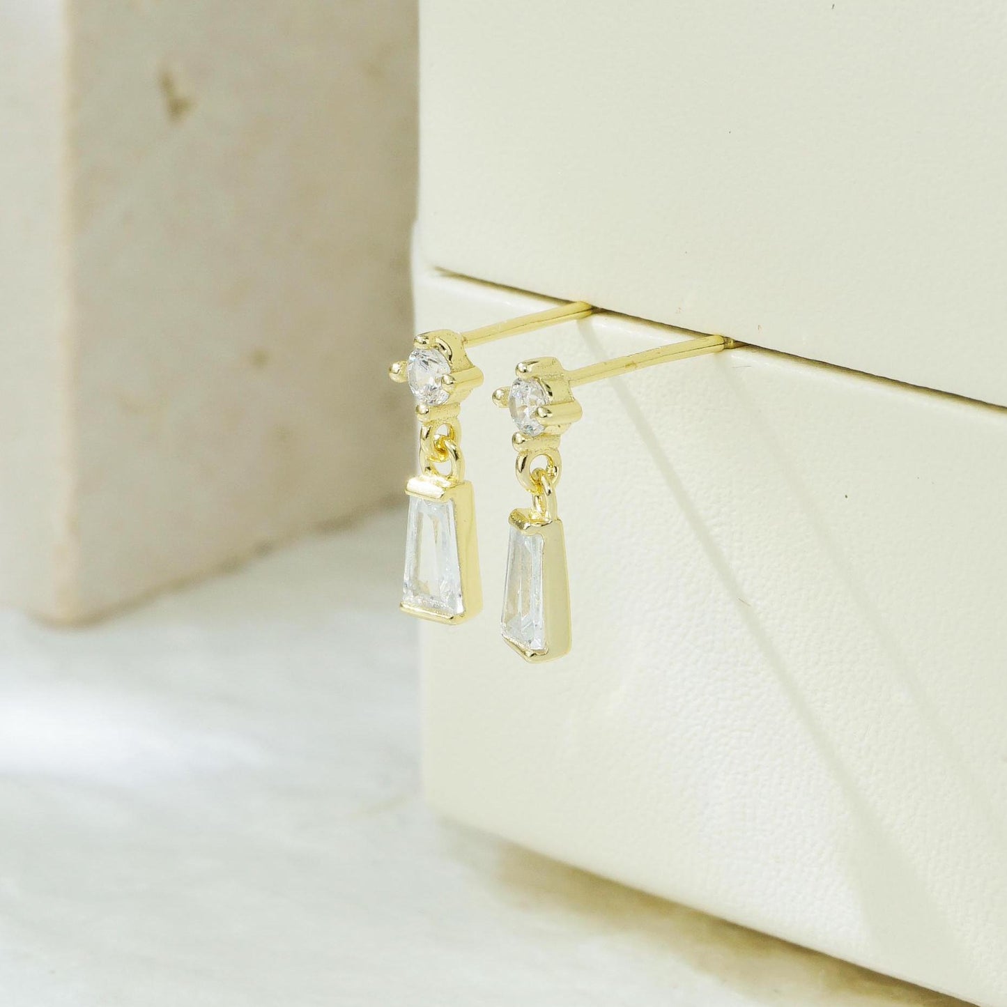 Pair of Dangle Trapezoid CZ Crystal Stud Earrings in 14ct Gold Plated Sterling Silver