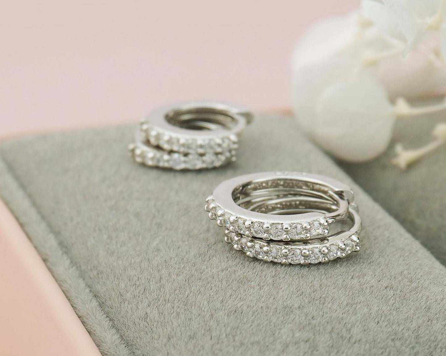 Pair of Skinny CZ Paved Huggie Hoop Earrings in 2 Sizes, Rhodium Plated over Solid Sterling Silver
