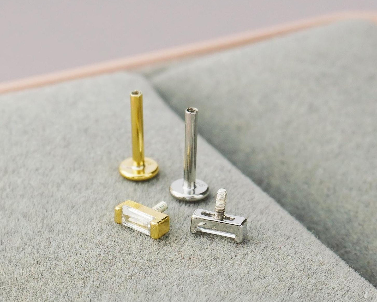 1 pc of Tiny Baguette CZ Stone Sterling Silver Stud Earring in Rhodium or 18ct Gold Plated