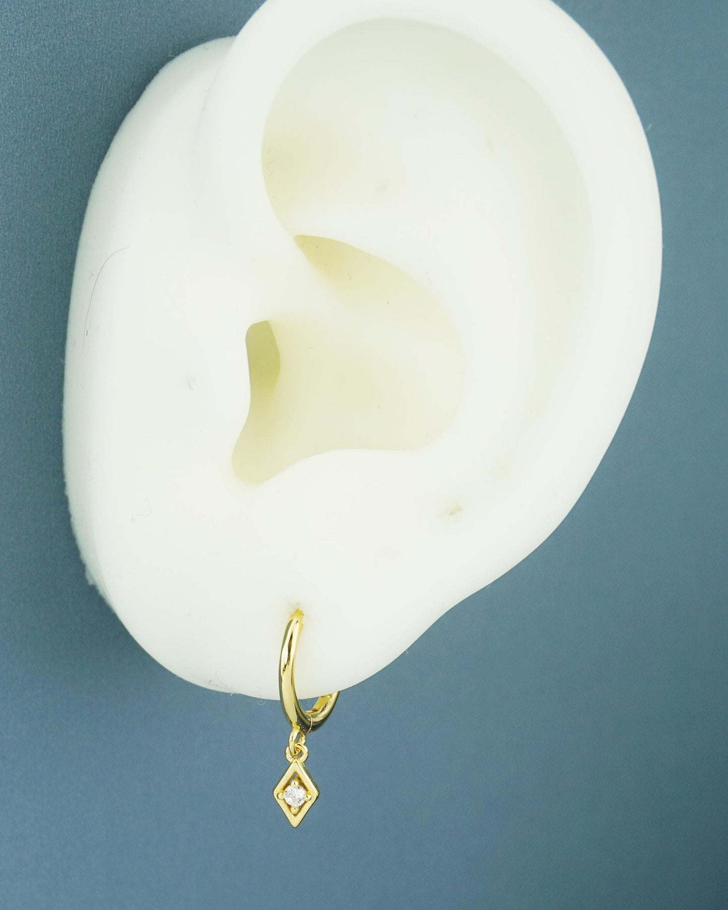 Pair of Tiny Dangle Diamond Shaped Charm CZ Huggie Hoop Earrings in 925 Sterling Silver or Plated Gold