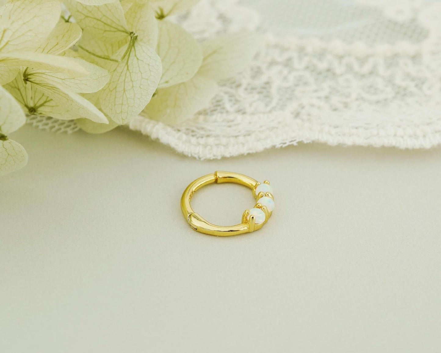 1 pc of 16G Hinged Fire Opal Daith Earring Hoop in 18ct Gold Plated over Sterling Silver, Helix Cartilage Clicker