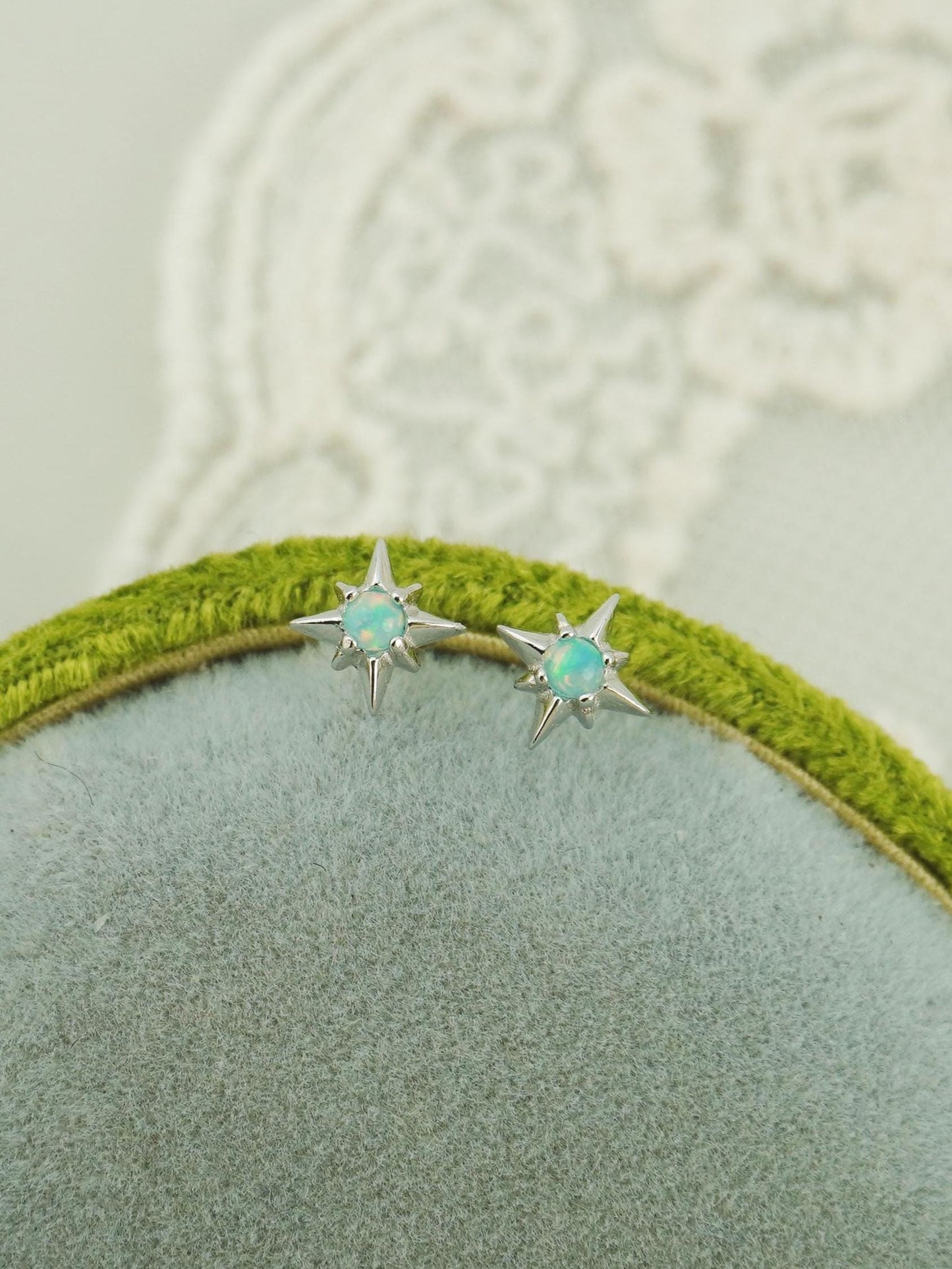 Pair of Starburst Stud Earrings in Sterling Silver or Plated Gold, Celestial Design with Blue Hue Fire Opal