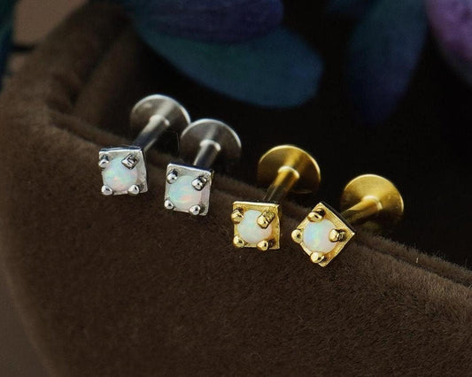 Pair of VERY TINY Opal Stud Earrings in Sterling Silver or Plated Gold, Tiny Gem Delicate Stacking Jewelry