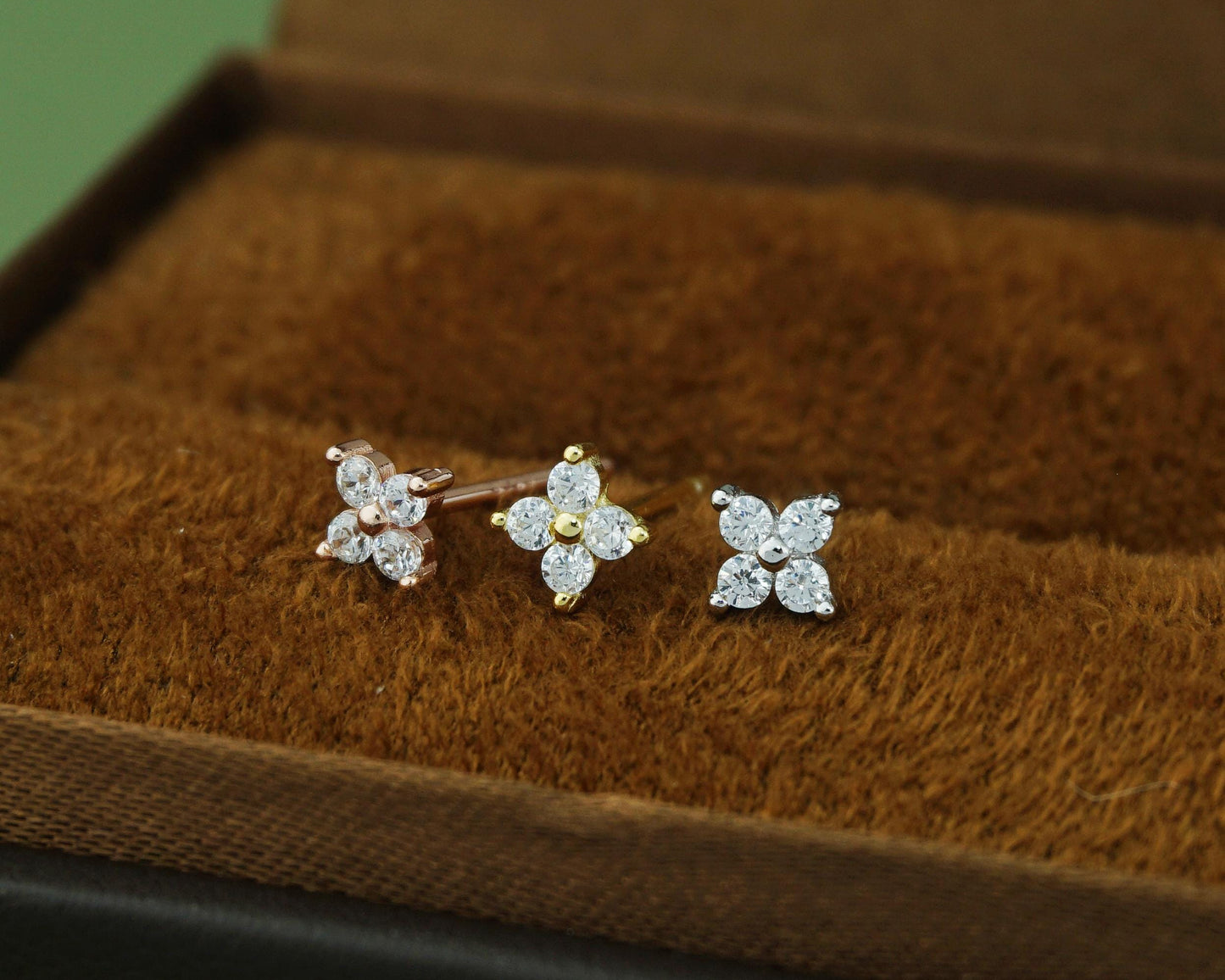 Pair of Tiny Quartet CZ Stud Earrings in Sterling Silver, Gold or Rose Gold Finish, Sparkly Hydrangea Flower Ear Lobe Piercing