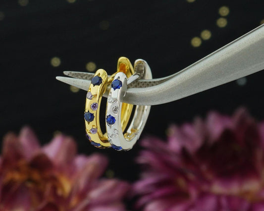 Pair of Tiny Starlight Hoop Earrings in 925 Sterling Silver or Plated Gold, Star Engravings and Dazzling Blue CZ