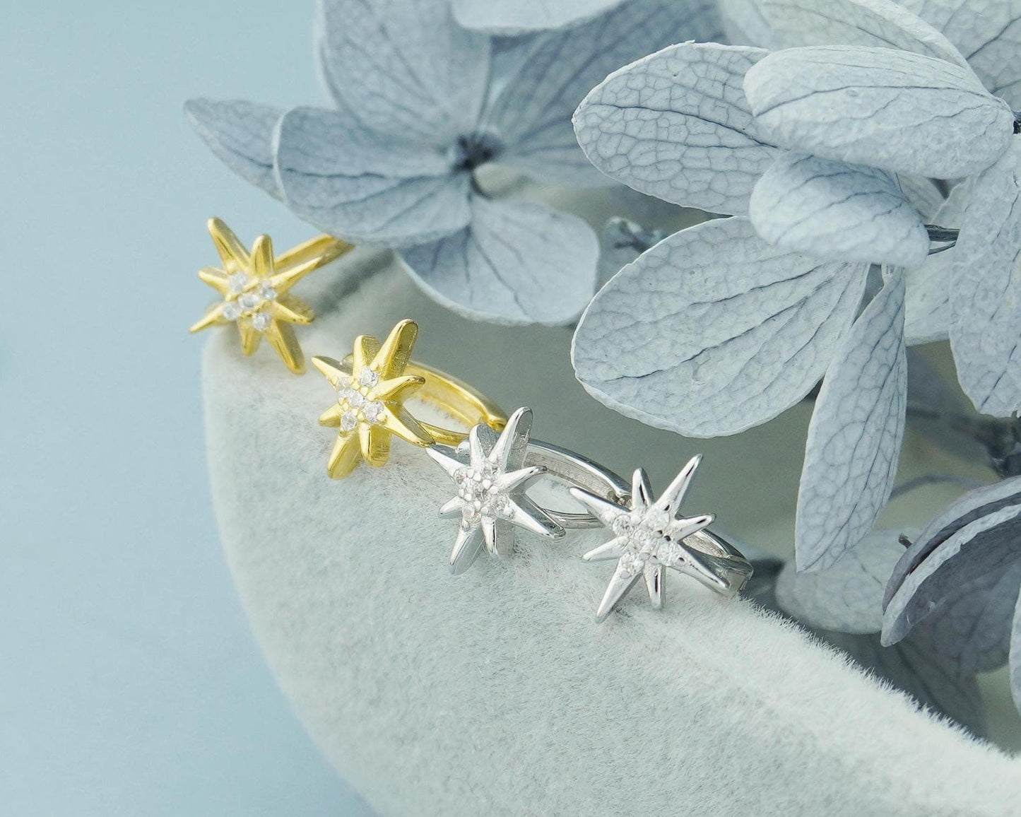 Pair of Tiny Starburst Huggie Hoop Earrings in Sterling Silver or Plated Gold, Sunburst CZ Crystal Cartilage Piercing