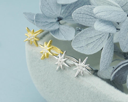 Pair of Tiny Starburst Huggie Hoop Earrings in Sterling Silver or Plated Gold, Sunburst CZ Crystal Cartilage Piercing