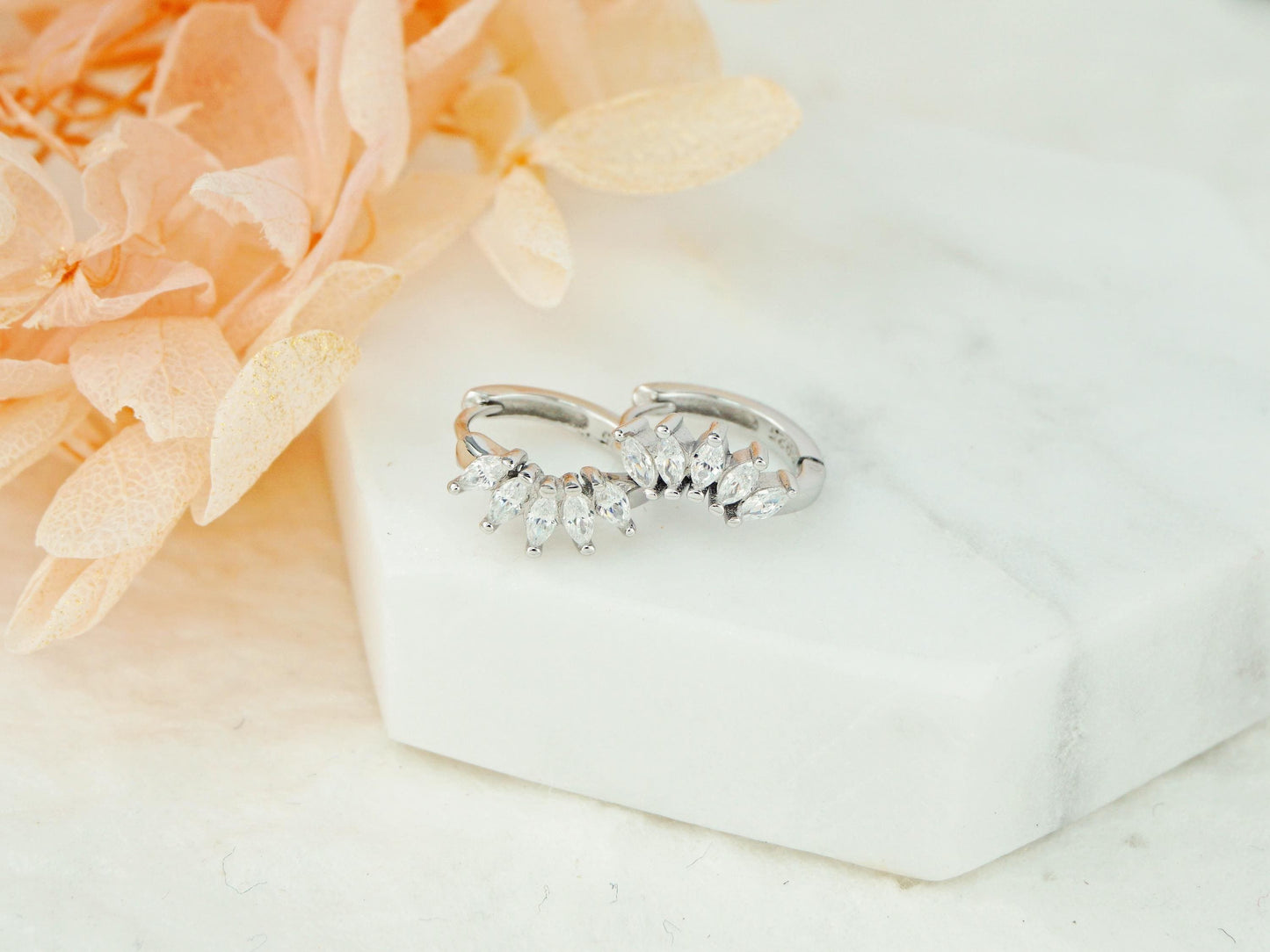 Pair of Marquise CZ Huggie Hoop Earrings in S925 Sterling Silver or Plated Gold, Five Leaf Cluster Crown