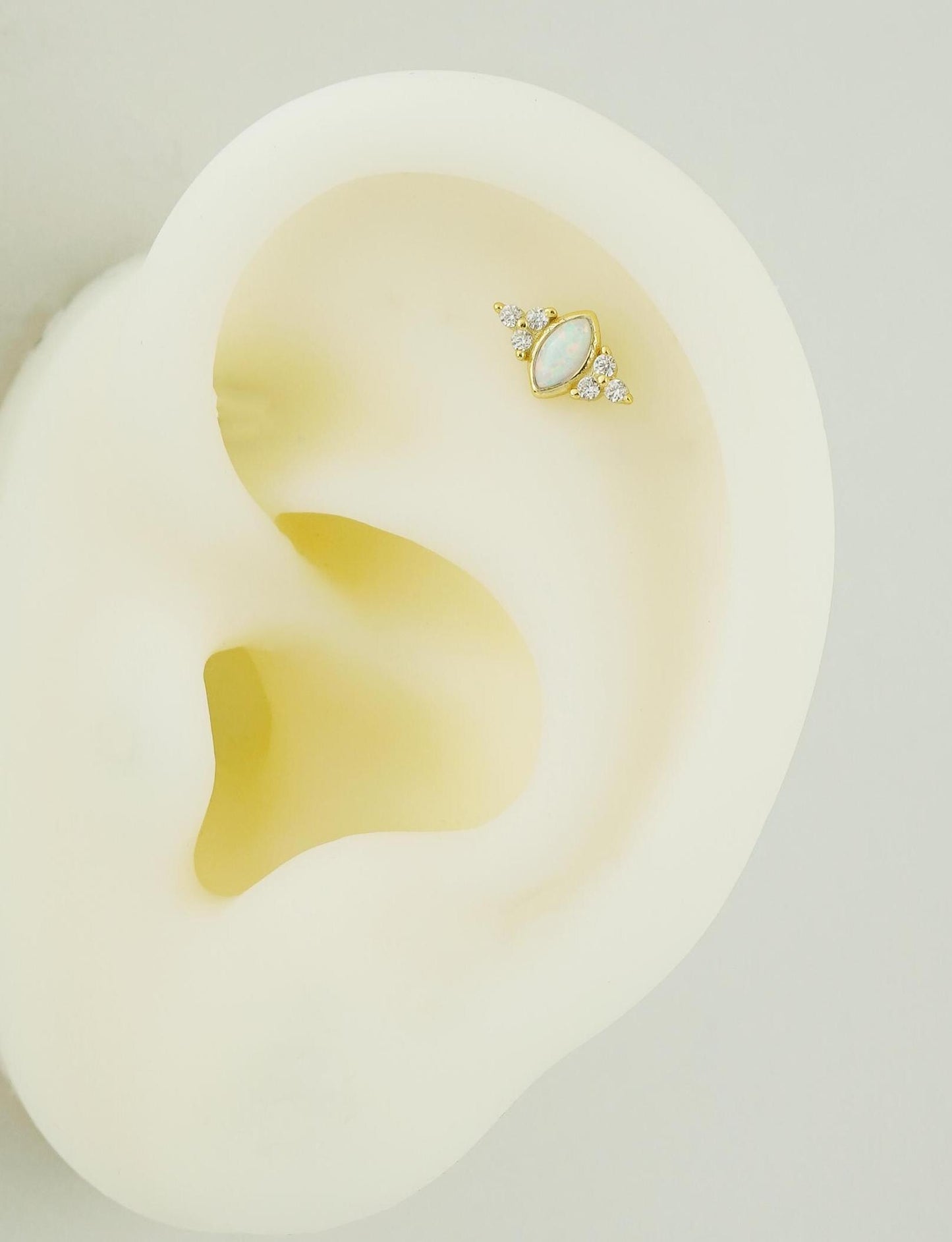 1 pc of Marquise Opal Stud Earring with Sparkly CZ Gem in 18ct Gold Plated over Sterling Silver, Lobe Tragus Cartilage Piercing Jewelry
