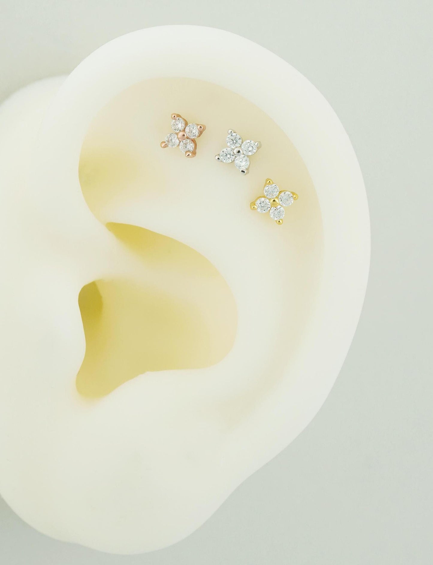 Quartet CZ Hydrangea Flat Screw Back Stud Earring in Sterling Silver, Gold or Rose Gold Finish