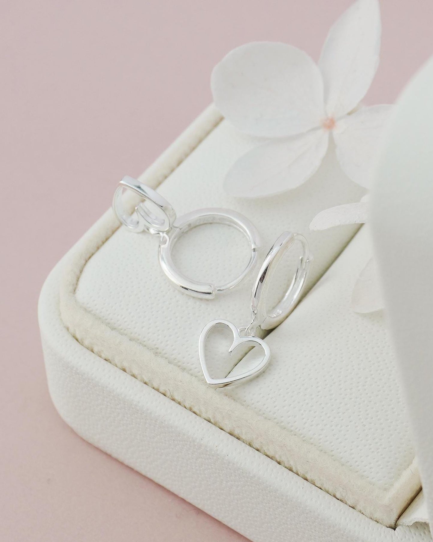 Pair of Sterling Silver Open Heart Dangly Charm Huggie Hoop Earrings