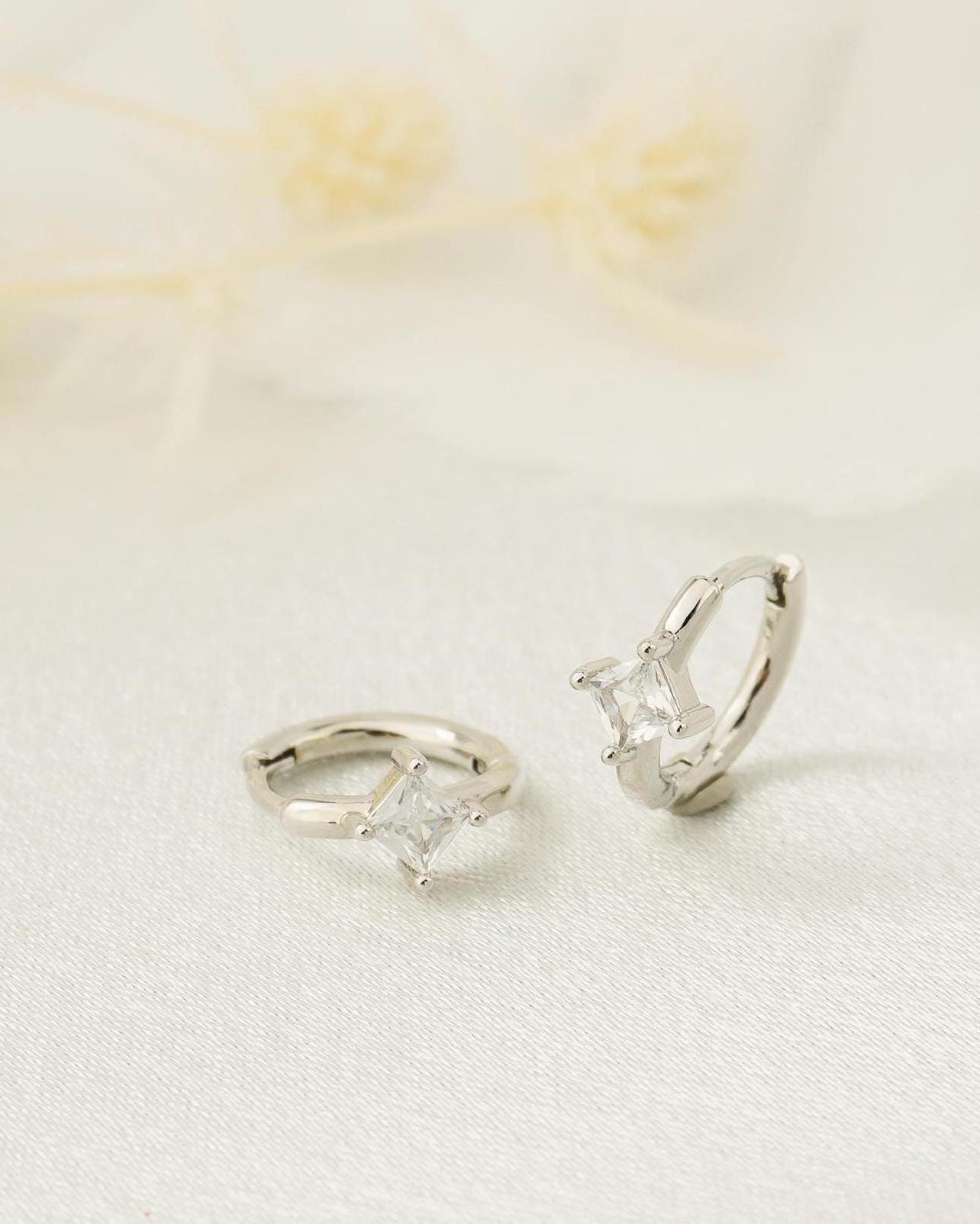 Pair of Square CZ Huggie Hoop Earrings in Gold / Palladium Plated over Brass