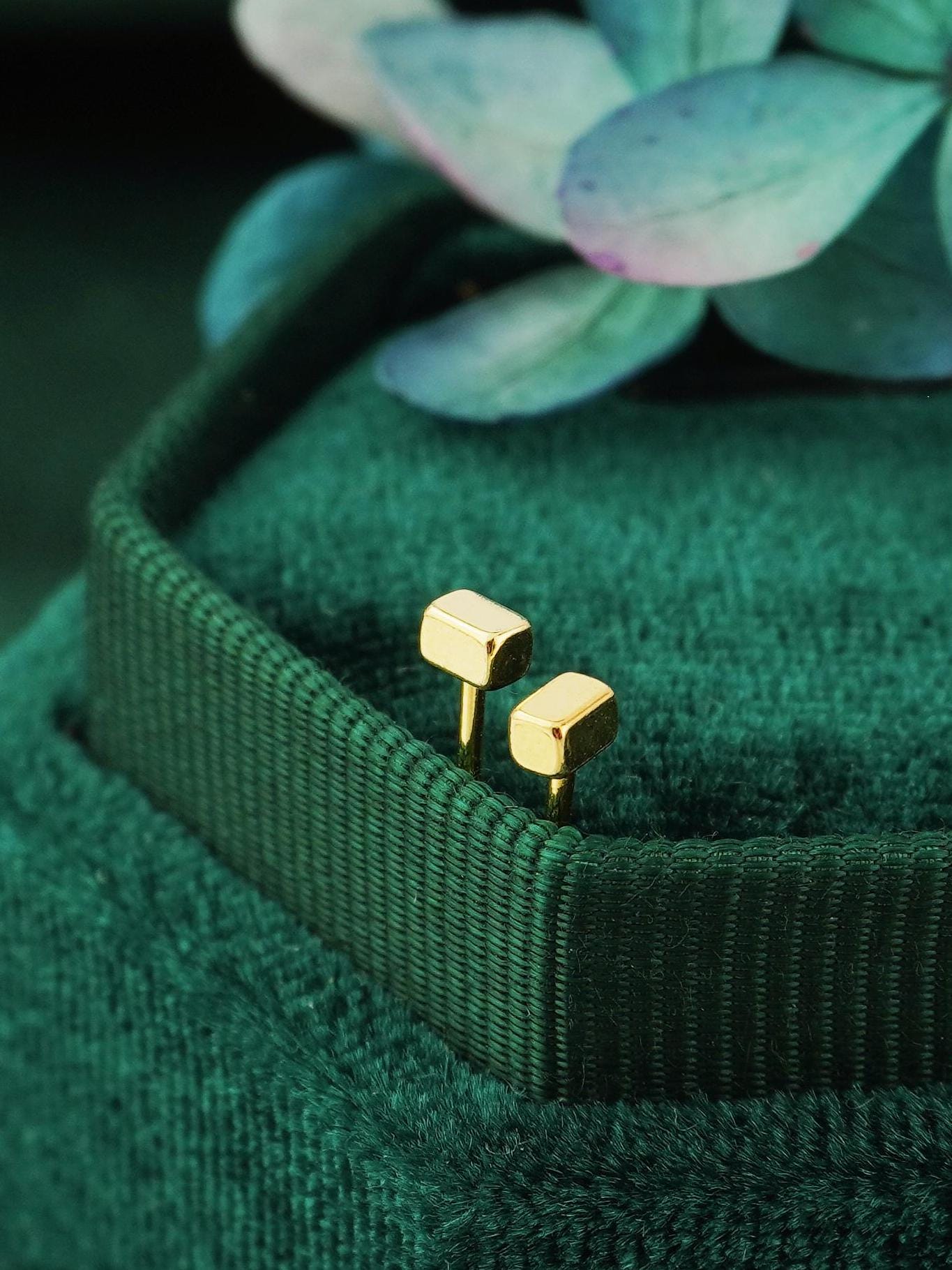 Pair of Tiny 2x3mm Short Bar Cuboid Stud Earrings in Sterling Silver or 14ct Gold Plated, Geometric Rectangular Prism Ear Piercing