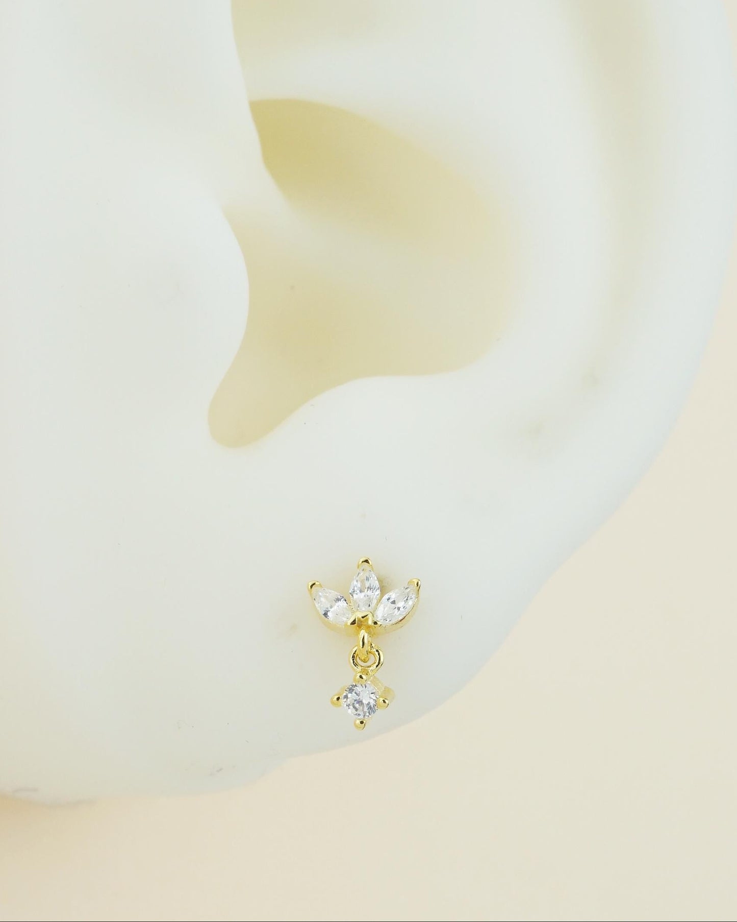 Pair of Trio Marquise CZ Sterling Silver Stud Earrings in Rhodium or Gold Plated, 3 Gem Cluster with Dangly Drop, Screw Ball Back