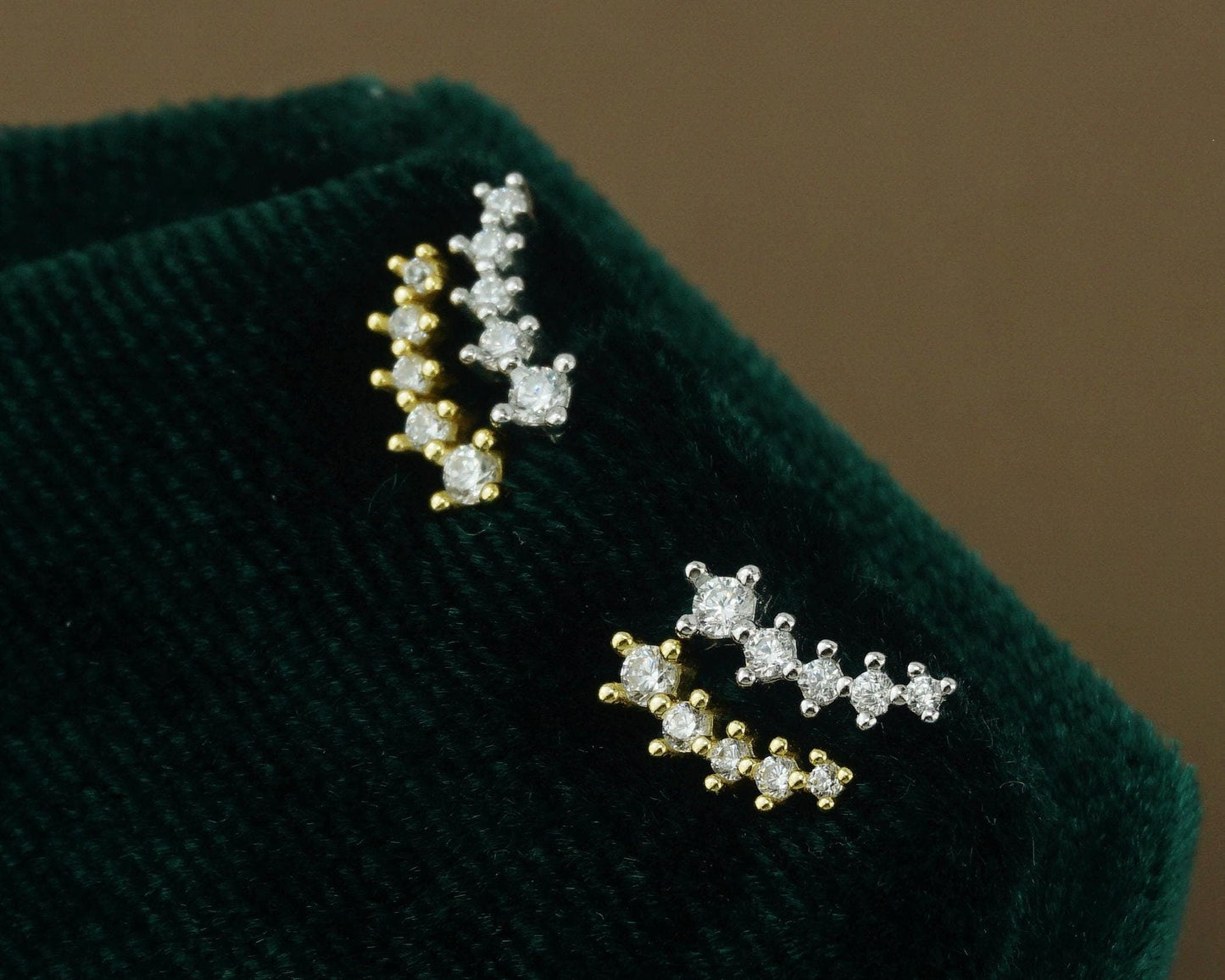 Pair of Sterling Silver 5 CZ Stud Earrings in Rhodium, Rose Gold or 18ct Gold Plated, Sparkly Star Climber