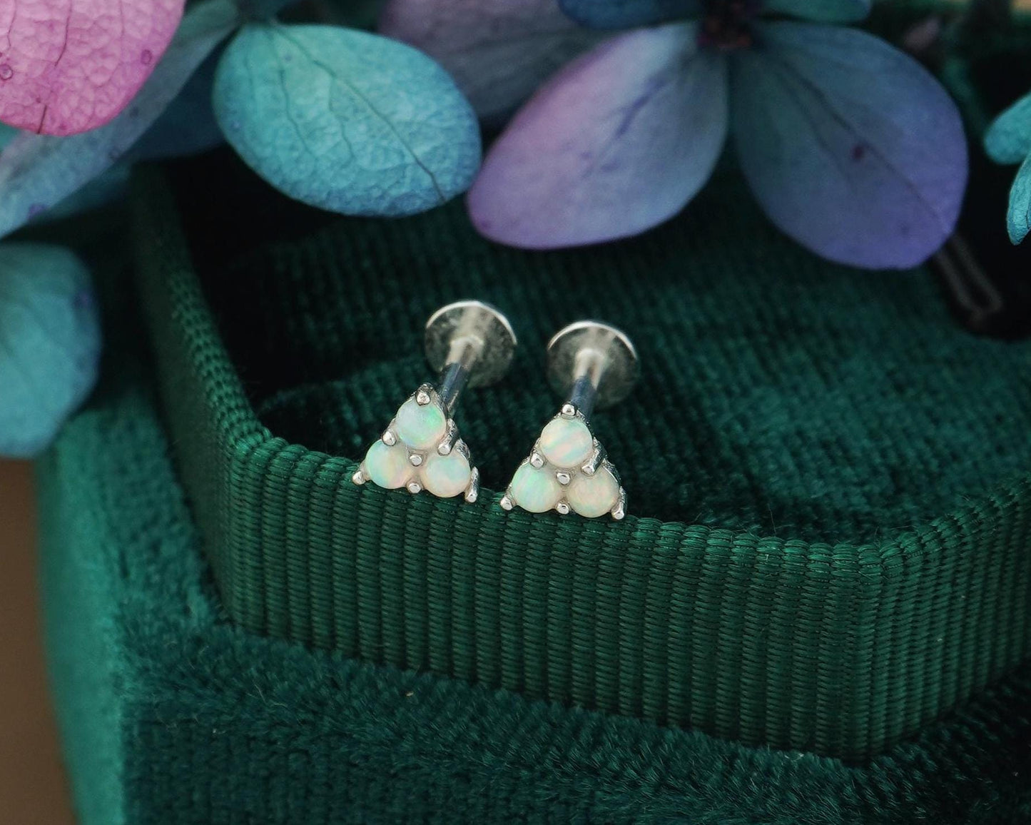 Trinity Fire Opal Stud Earring in Sterling Silver or Plated Gold, VERY TINY Opulent Trio Gem Stacking Piercing Jewelry