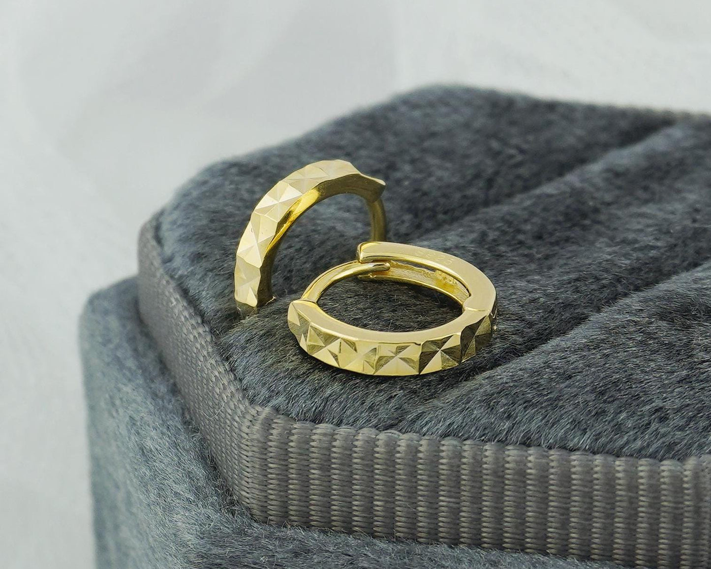 Pair of Minimalist Diamond Cut Huggie Hoop Earrings in Sterling Silver or 18ct Gold Plated, Simple Faceted Jewelry
