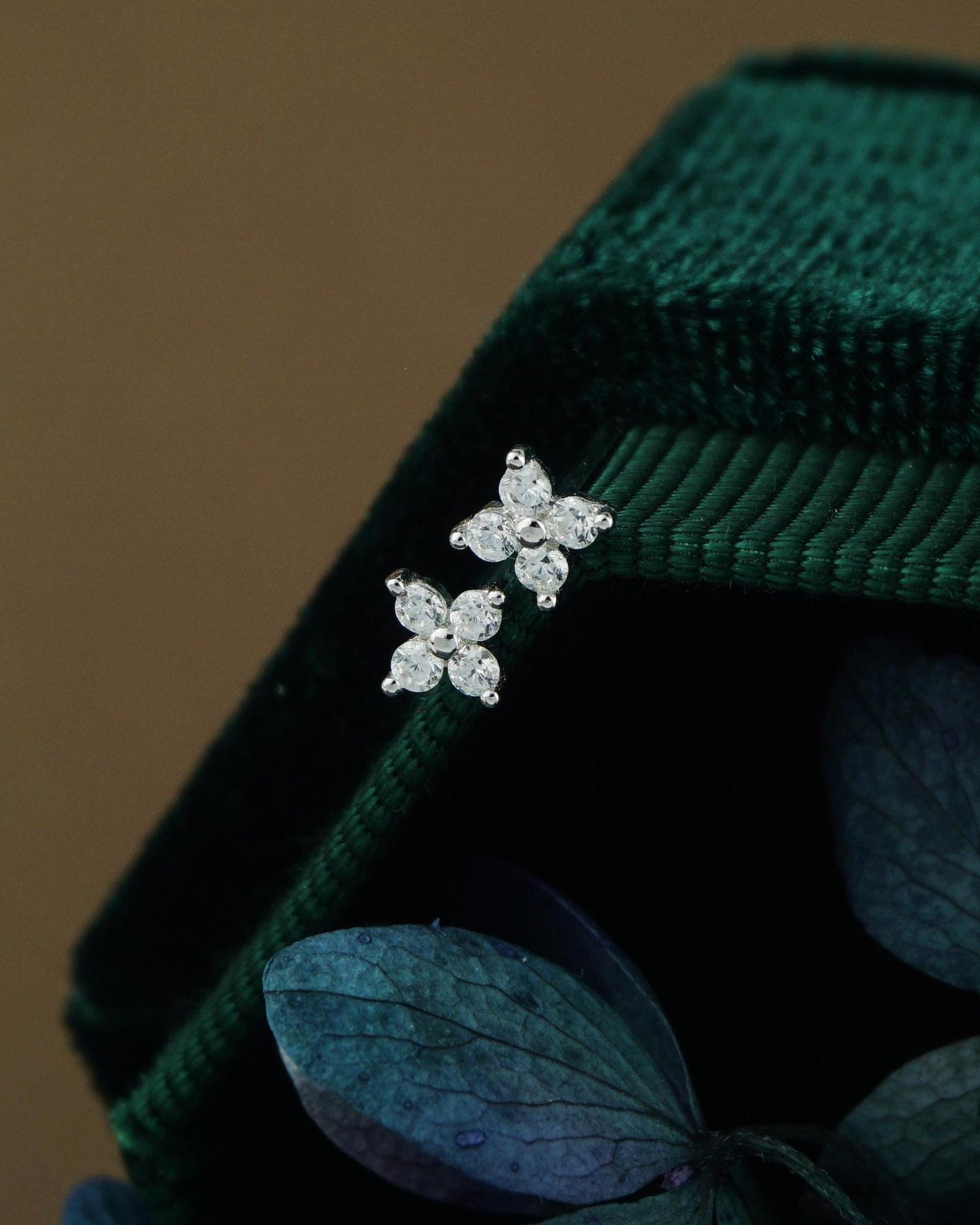 Pair of Tiny Quartet CZ Stud Earrings in Sterling Silver, Gold or Rose Gold Finish, Sparkly Hydrangea Flower Ear Lobe Piercing