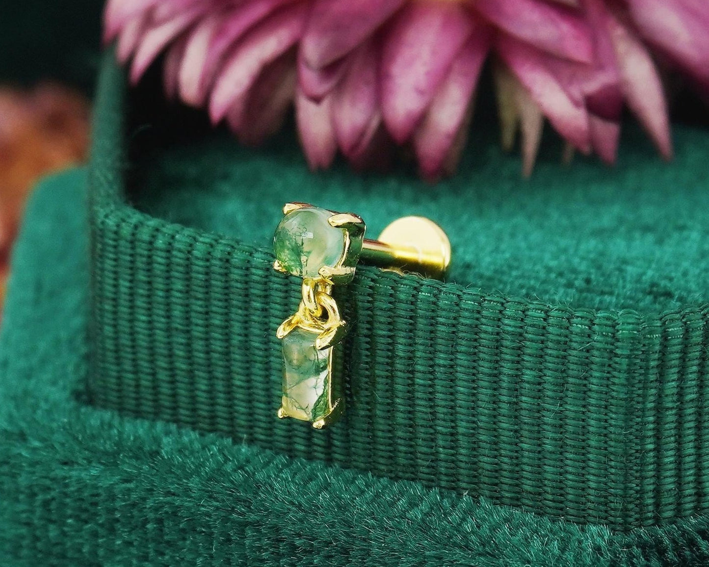 1 pc of Natural Green Moss Agate Cabochon and Dangly Baguette Stud Earring, Gold Plated over Sterling Silver