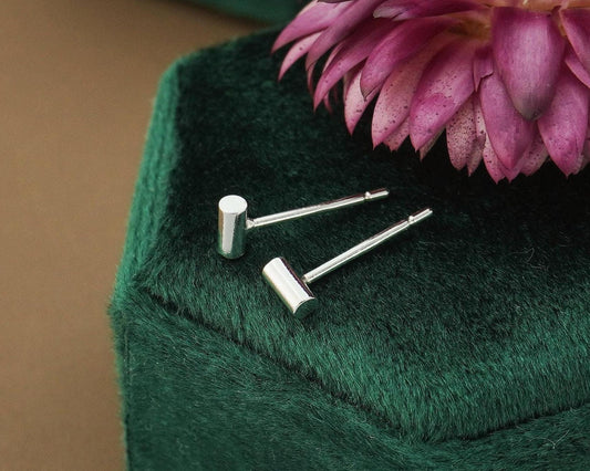 Pair of Tiny Sterling Silver 4mm Geometric Cylinder Tube Short Bar Stud Earrings