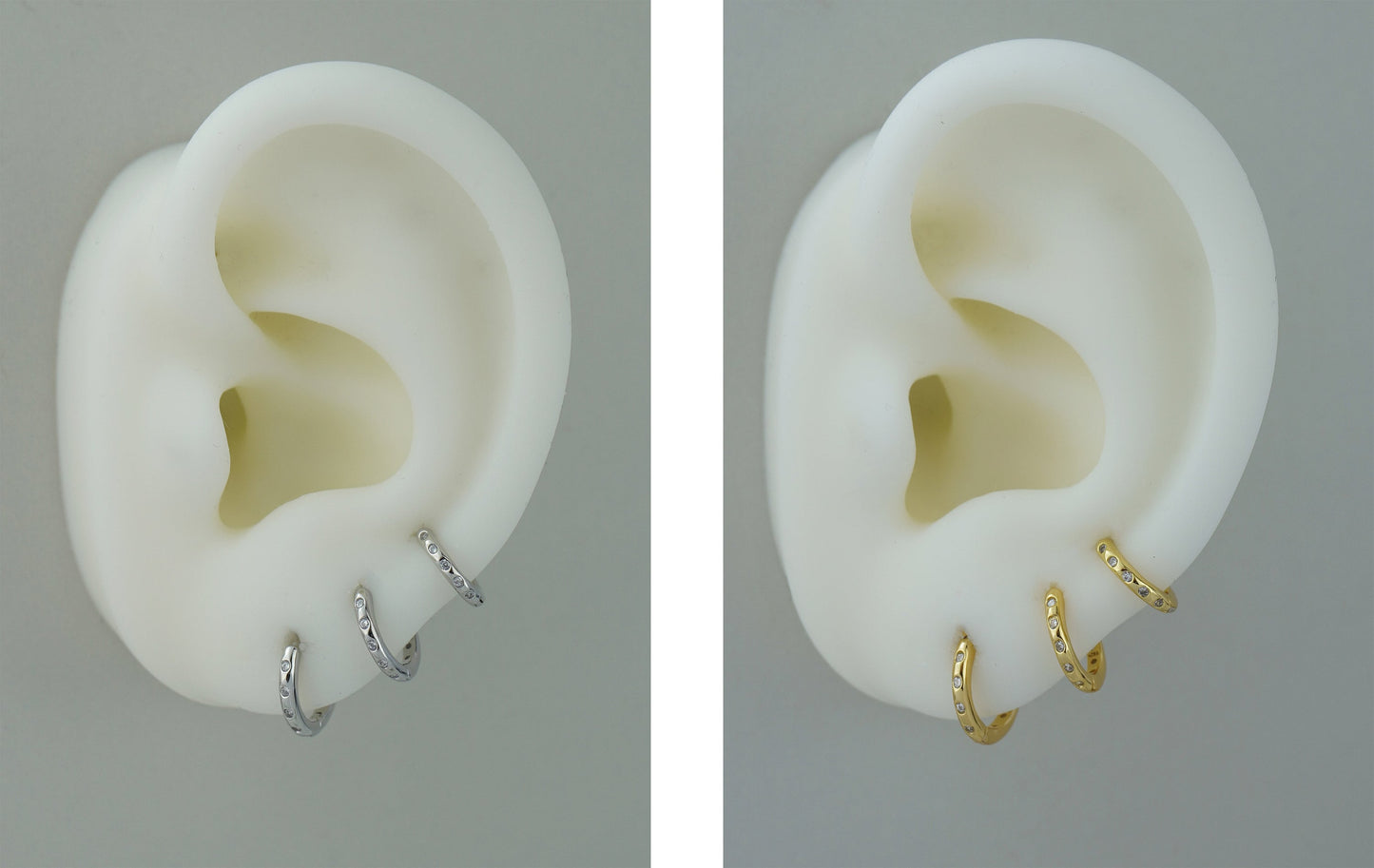 Pair of Sterling Silver Skinny Huggie Hoop Earrings with Smooth Round Edge, 3 Size, Gold or Rhodium Plated, Front & Back CZ