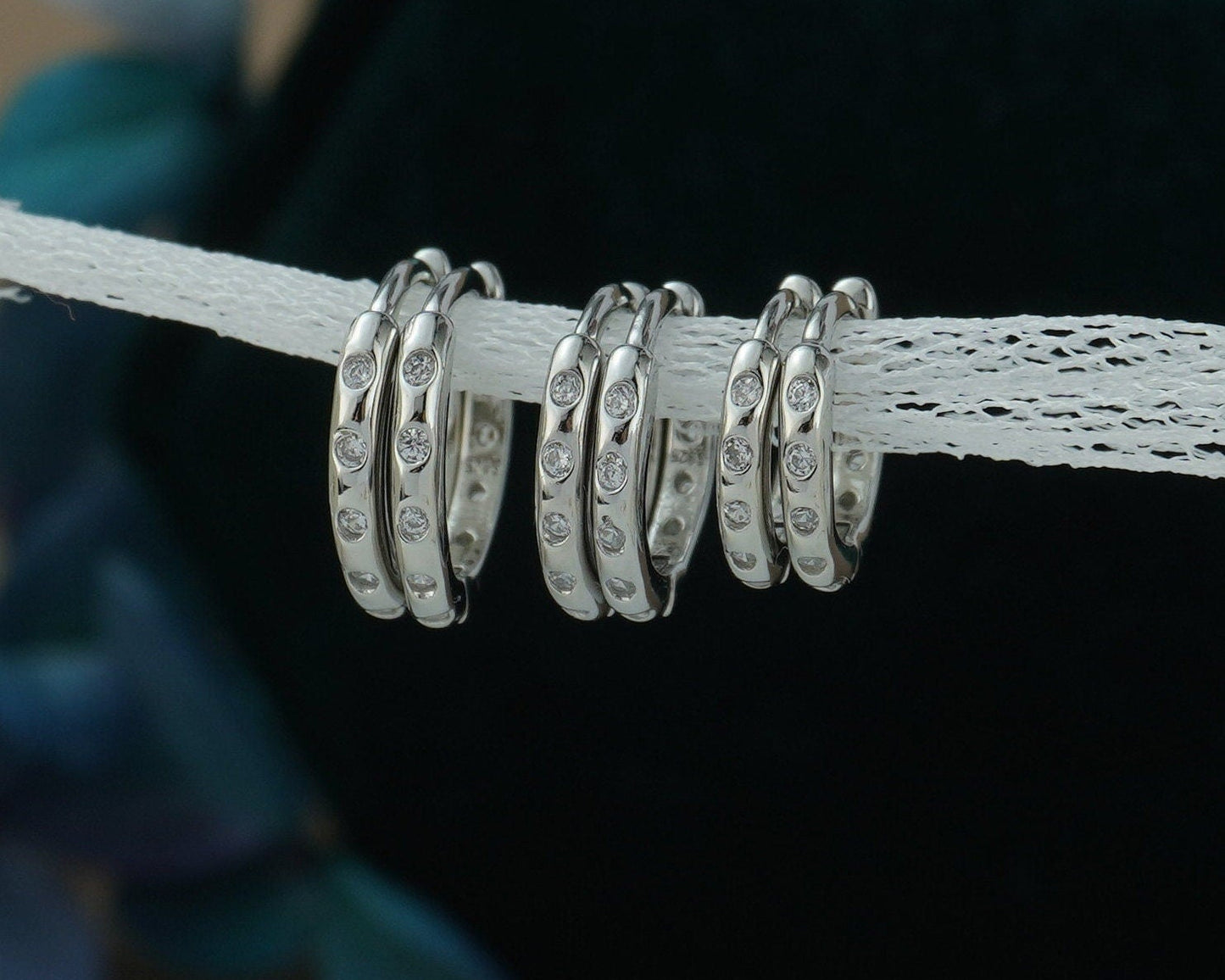 Pair of Sterling Silver Skinny Huggie Hoop Earrings with Smooth Round Edge, 3 Size, Gold or Rhodium Plated, Front & Back CZ