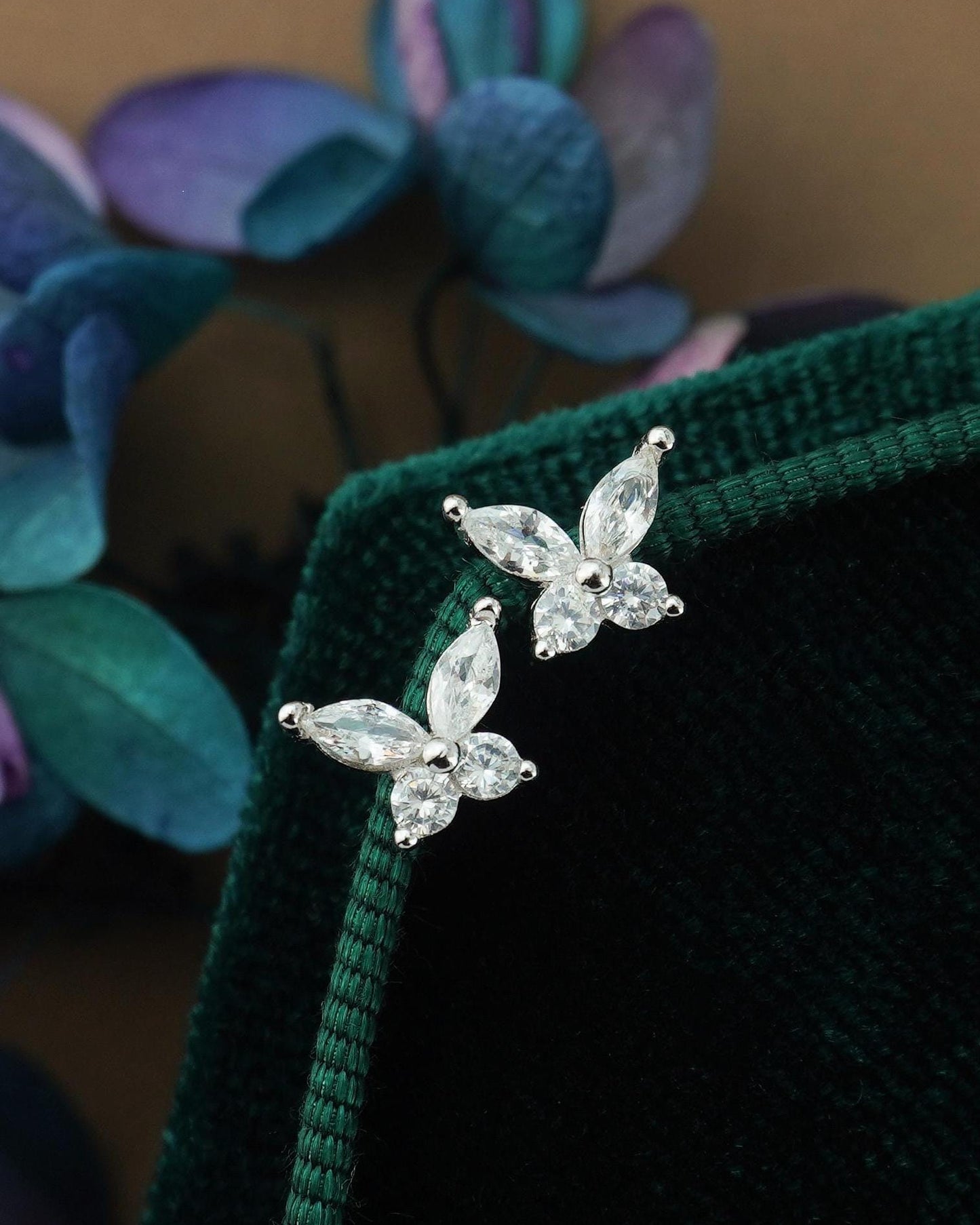 Pair of CZ Butterfly Stud Earrings in Sterling Silver or Gold Plated, Marquise Gem Nature Inspired Jewelry