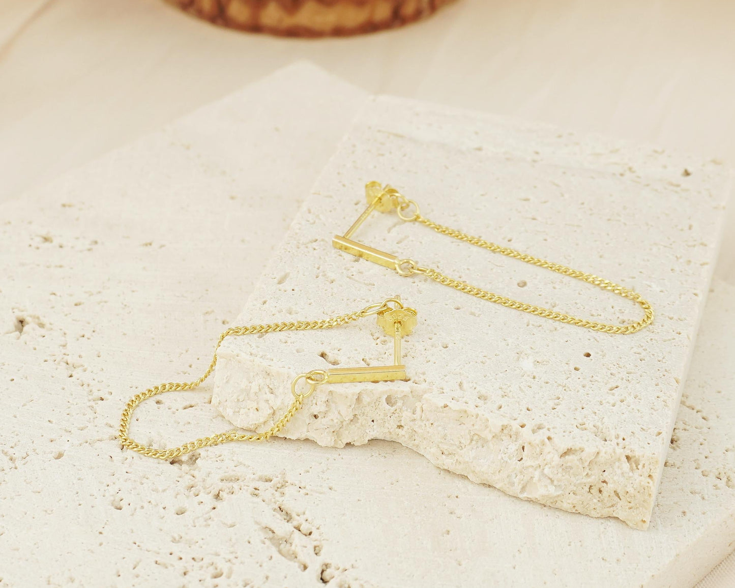 Skinny Bar Stud Earring with Long Dangling Front & Back Chain, 18ct Gold Plated over Sterling Silver, Minimal Geometric Ear Jacket