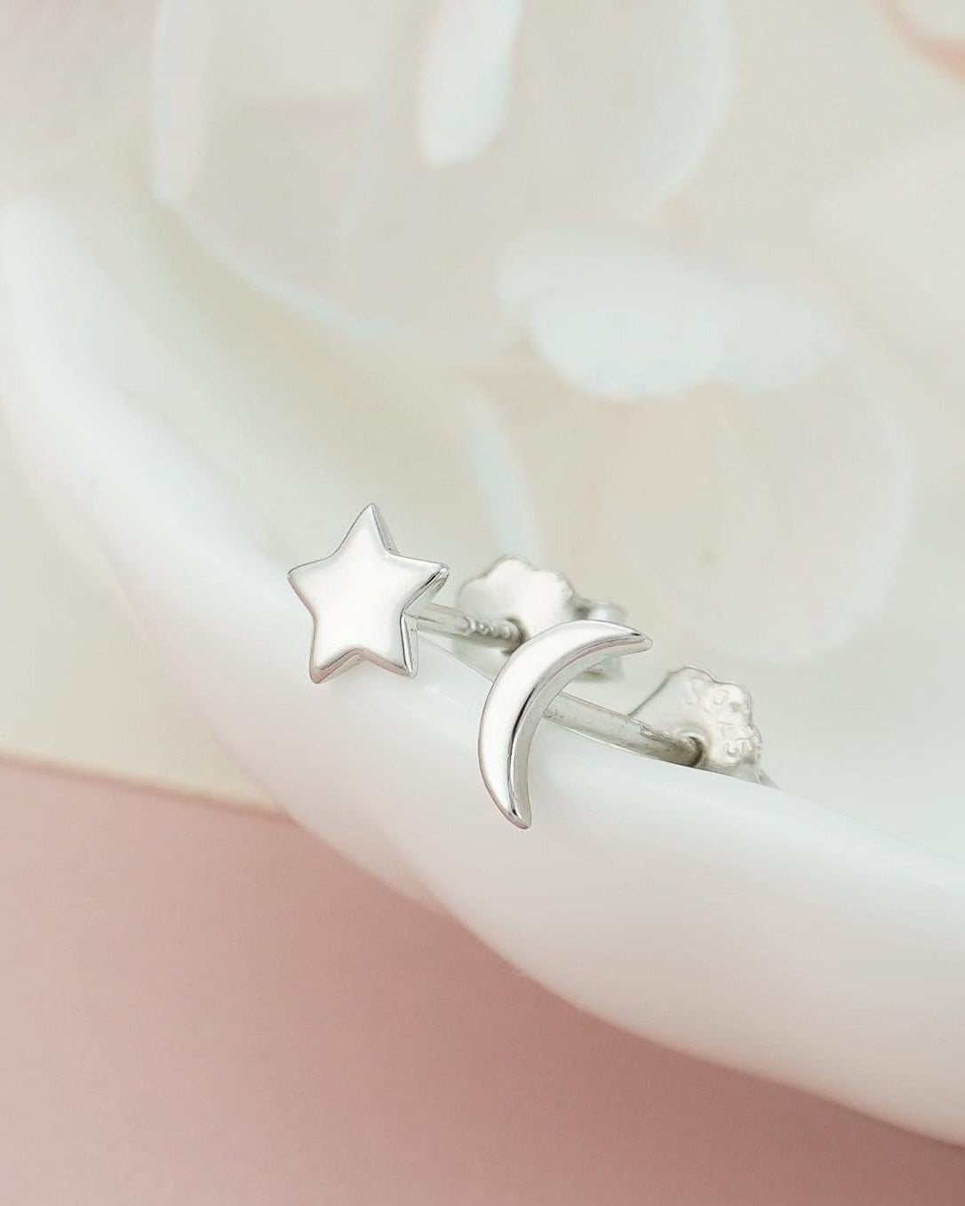 Pair of Sterling Silver Tiny Crescent Moon & Star Stud Earrings in Rhodium or 18ct Gold Plated, Mismatched Asymmetric Design