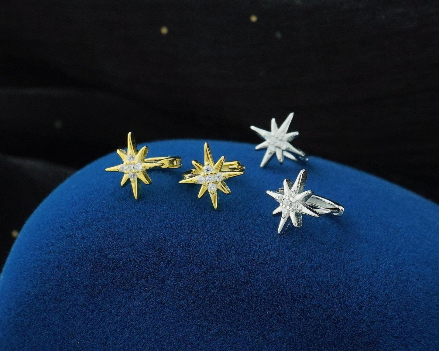 Pair of Tiny Starburst Huggie Hoop Earrings in Sterling Silver or Plated Gold, Sunburst CZ Crystal Cartilage Piercing