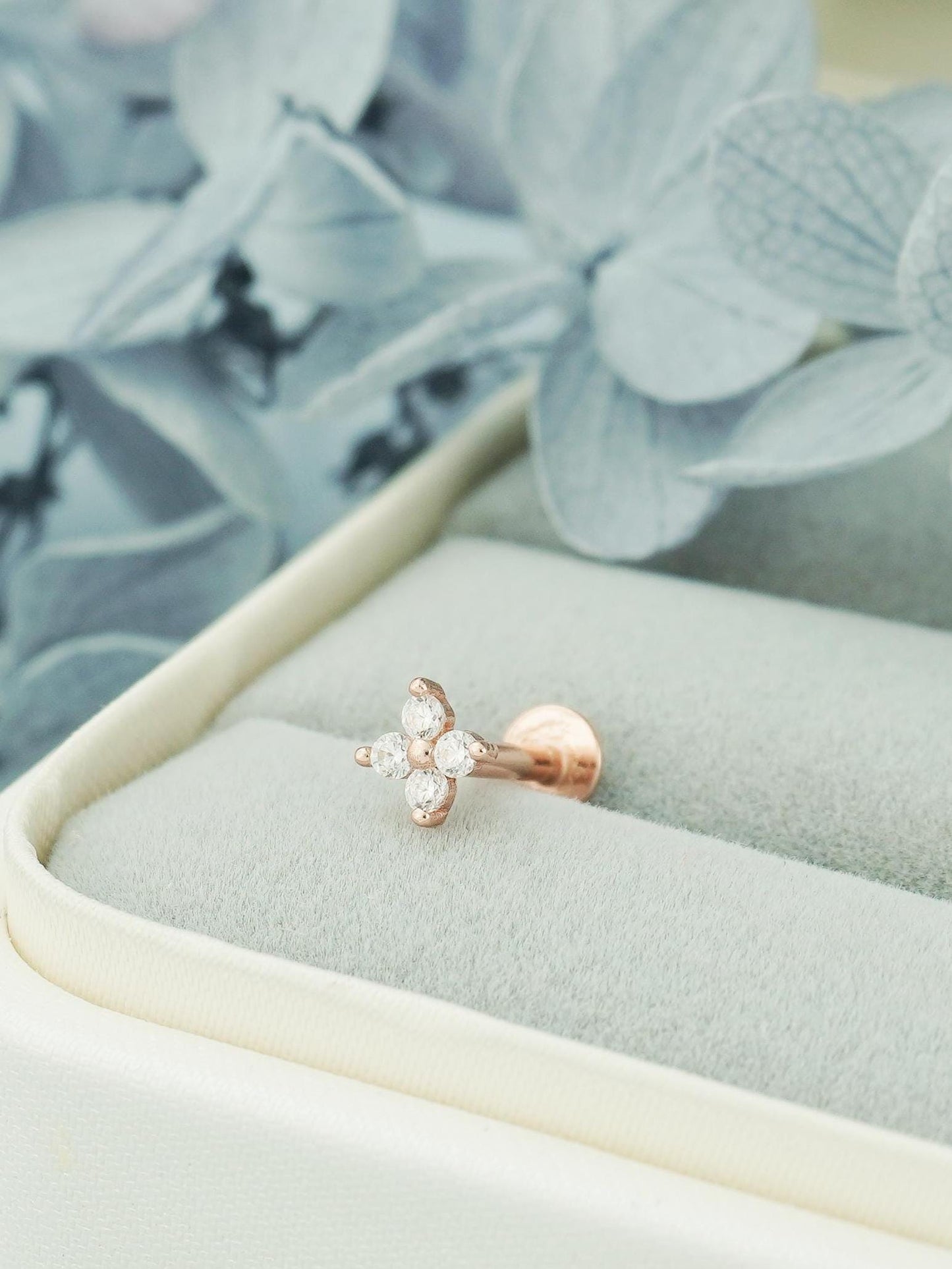 Quartet CZ Hydrangea Flat Screw Back Stud Earring in Sterling Silver, Gold or Rose Gold Finish