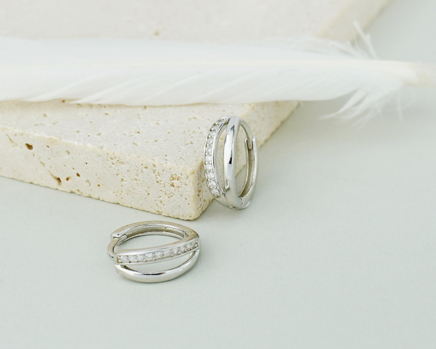 Pair of Sterling Silver Duo Asymmetric Ring Huggie Hoop Earrings in Rhodium, Gold or Rose Gold Plated